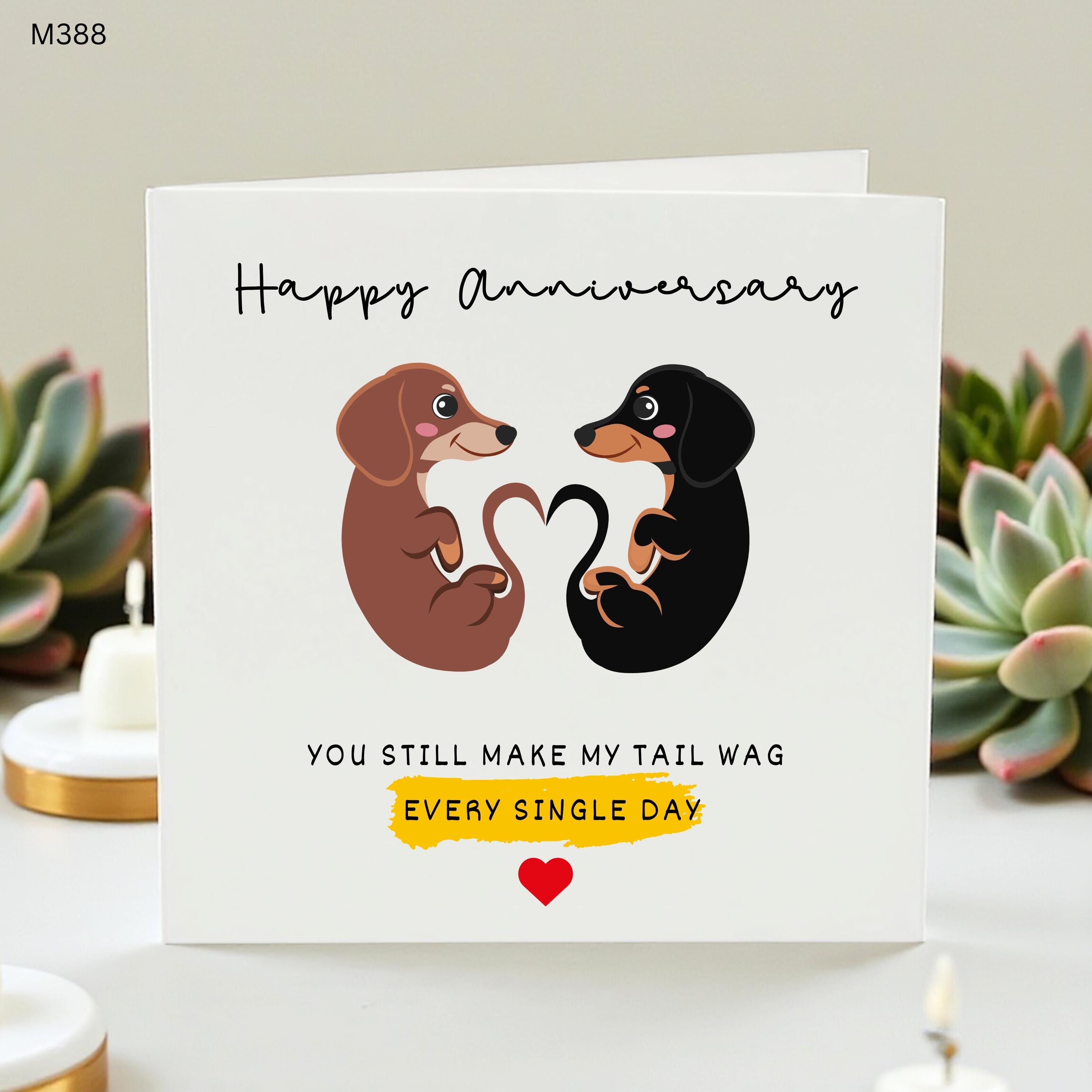 Dachshund Anniversary Card for Husband Wife, Funny Sausage Dog Greeting Card for Boyfriend Girlfriend, Cute Doxie Tail Wag Pun Card for Him