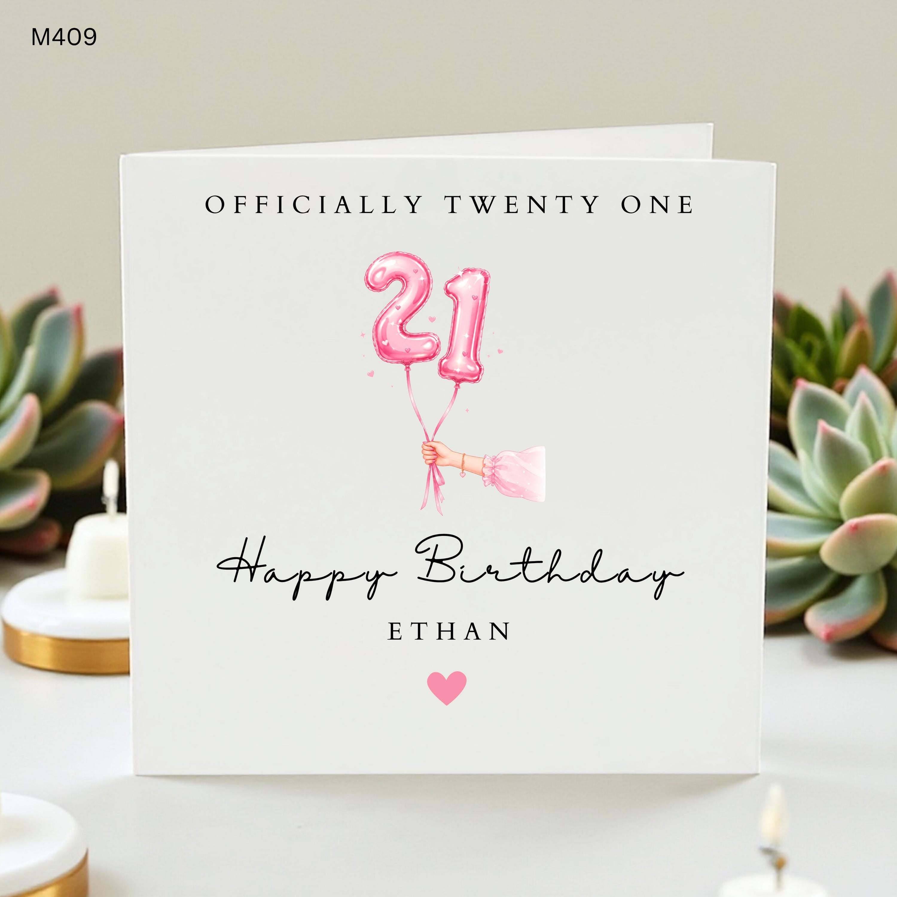 Personalized 21st Birthday Card for Her, Officially Twenty One Card with Pink Balloons, Custom Name Daughter or Friend Age 21 Greeting Card