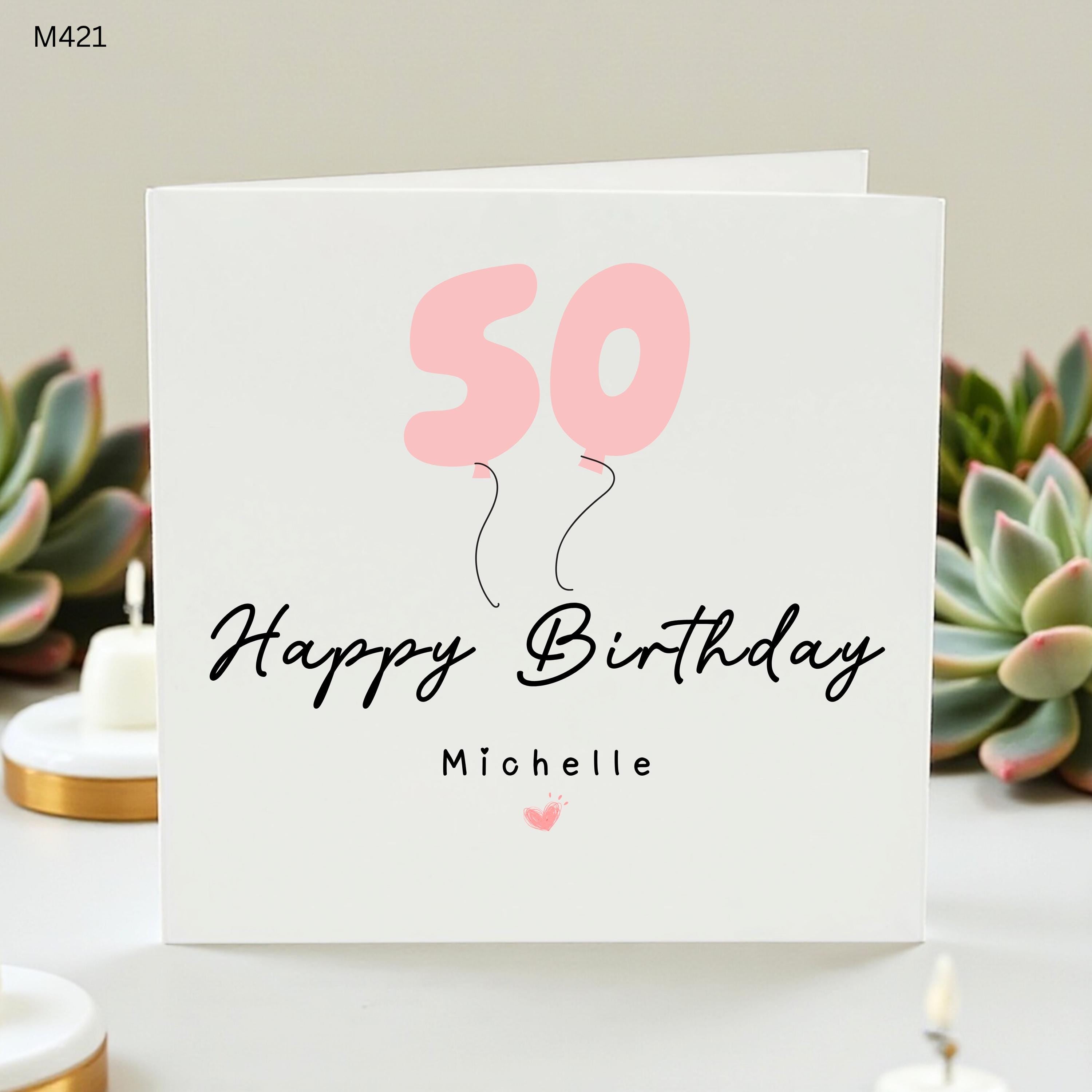 Personalized 50th Birthday Card for Her, Custom Name Fiftieth Birthday Card, Pink Balloon Birthday Gift for Women, Sister or Friend Age 50