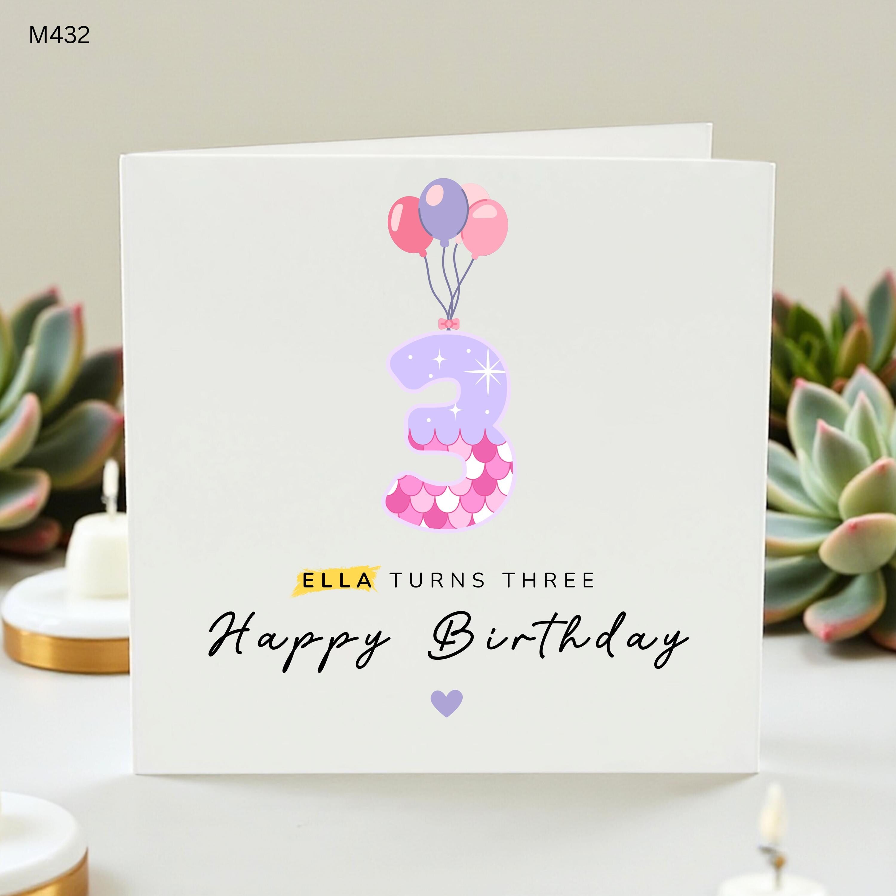 Personalized 3rd Birthday Card for Girl Mermaid Scales Happy Birthday Card, Ella Turns Three, Third Birthday Card for Daughter Granddaughter