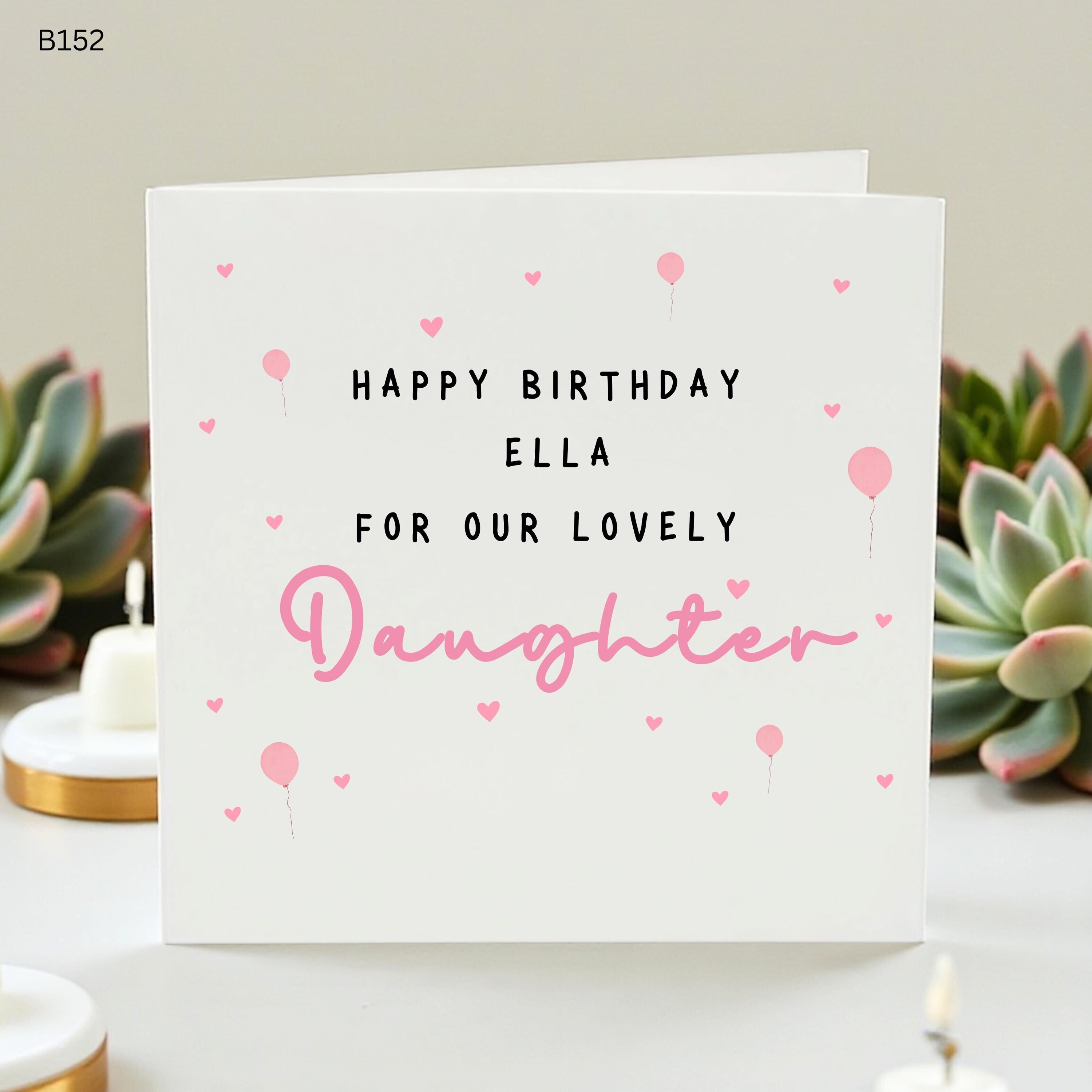 Personalized Daughter Birthday Card Ella, Custom Name Birthday Card for Daughter, Pink Heart Balloon Card for Her, Special Daughter Card