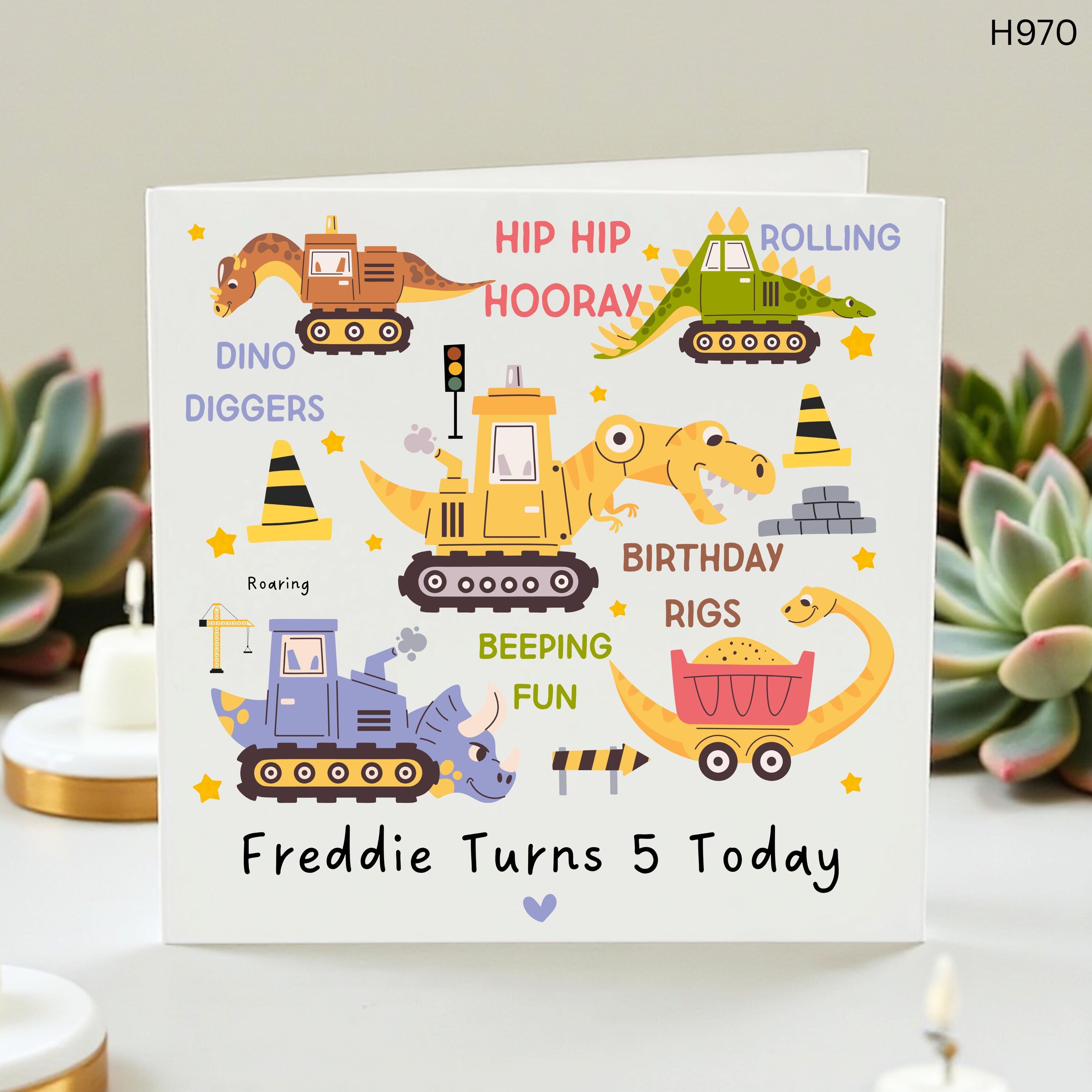 Personalized 5th Birthday Card for Boys, Dino Digger Construction Birthday Card, Dinosaur Excavator Theme, Any Name Age Five, Son Grandson