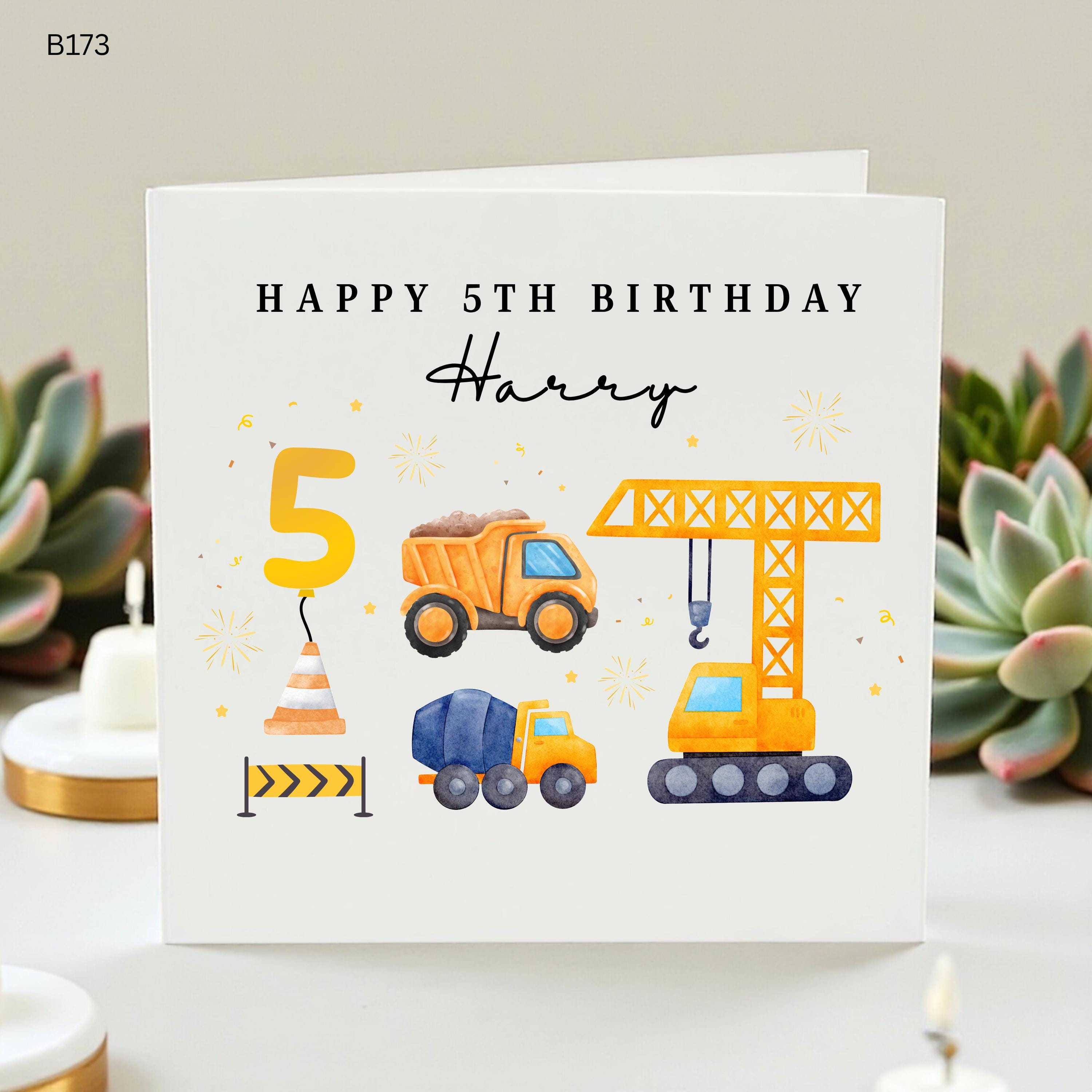 Personalized Construction 5th Birthday Card for Boys, Custom Name Digger Birthday Card, 5 Year Old Crane Card, Watercolor Truck, Harry