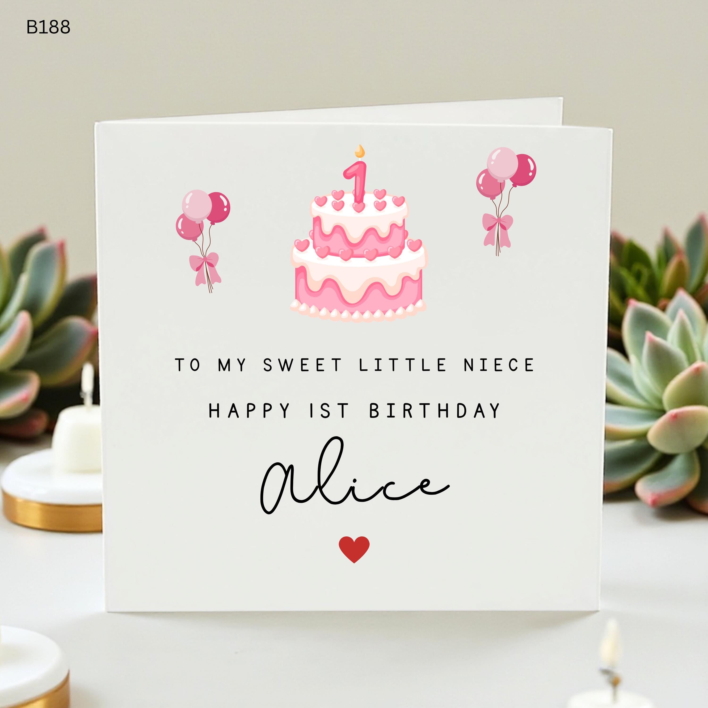 Personalized 1st Birthday Card Niece, Alice Custom Name Card, Pink Birthday Cake and Balloons, First Birthday Card for Girl, Daughter, 1st