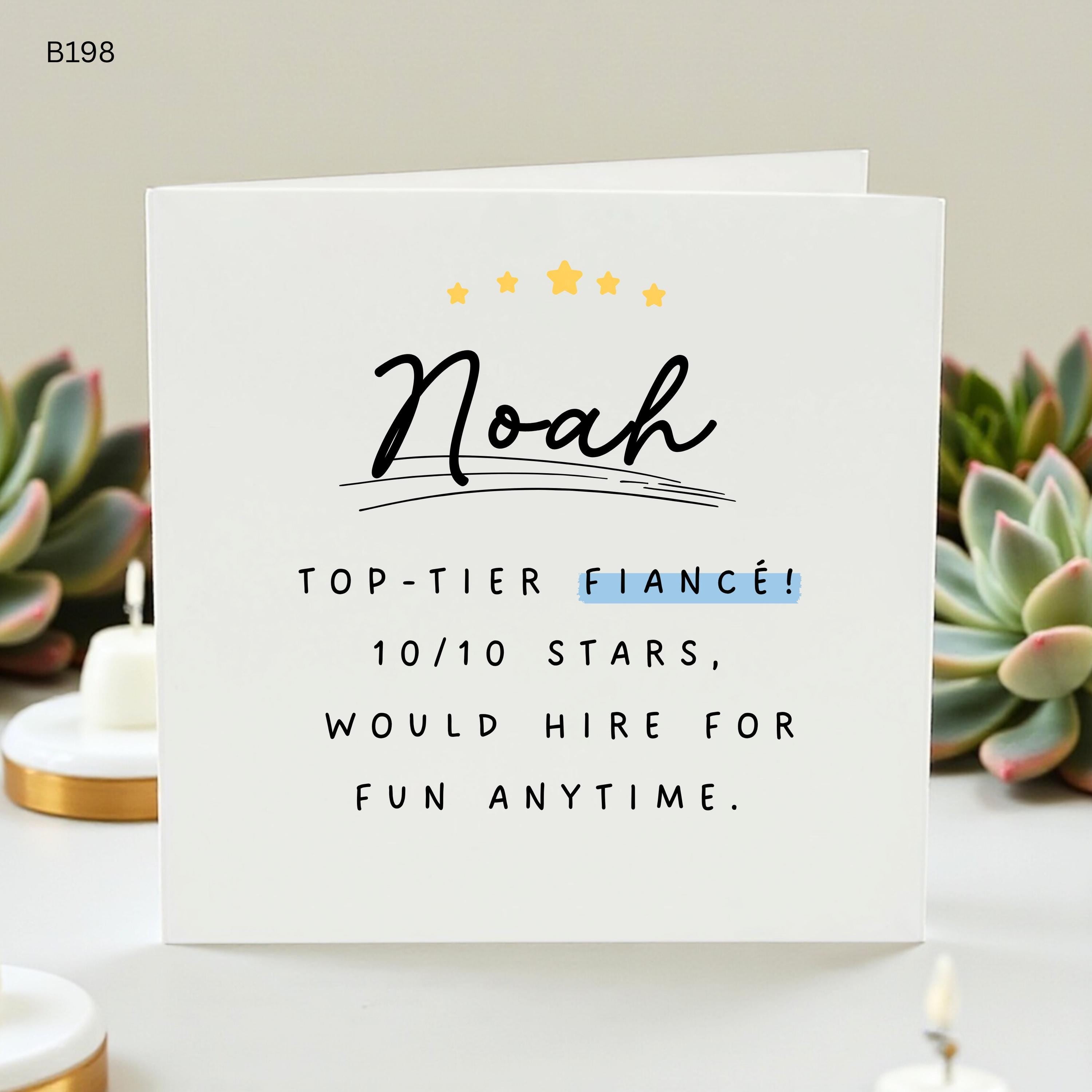 Personalised Fiance Birthday Card, Noah Custom Name Card, Top Tier Fiance Review Card, Funny Birthday Gift for Him, 10/10 Stars Fiance Card