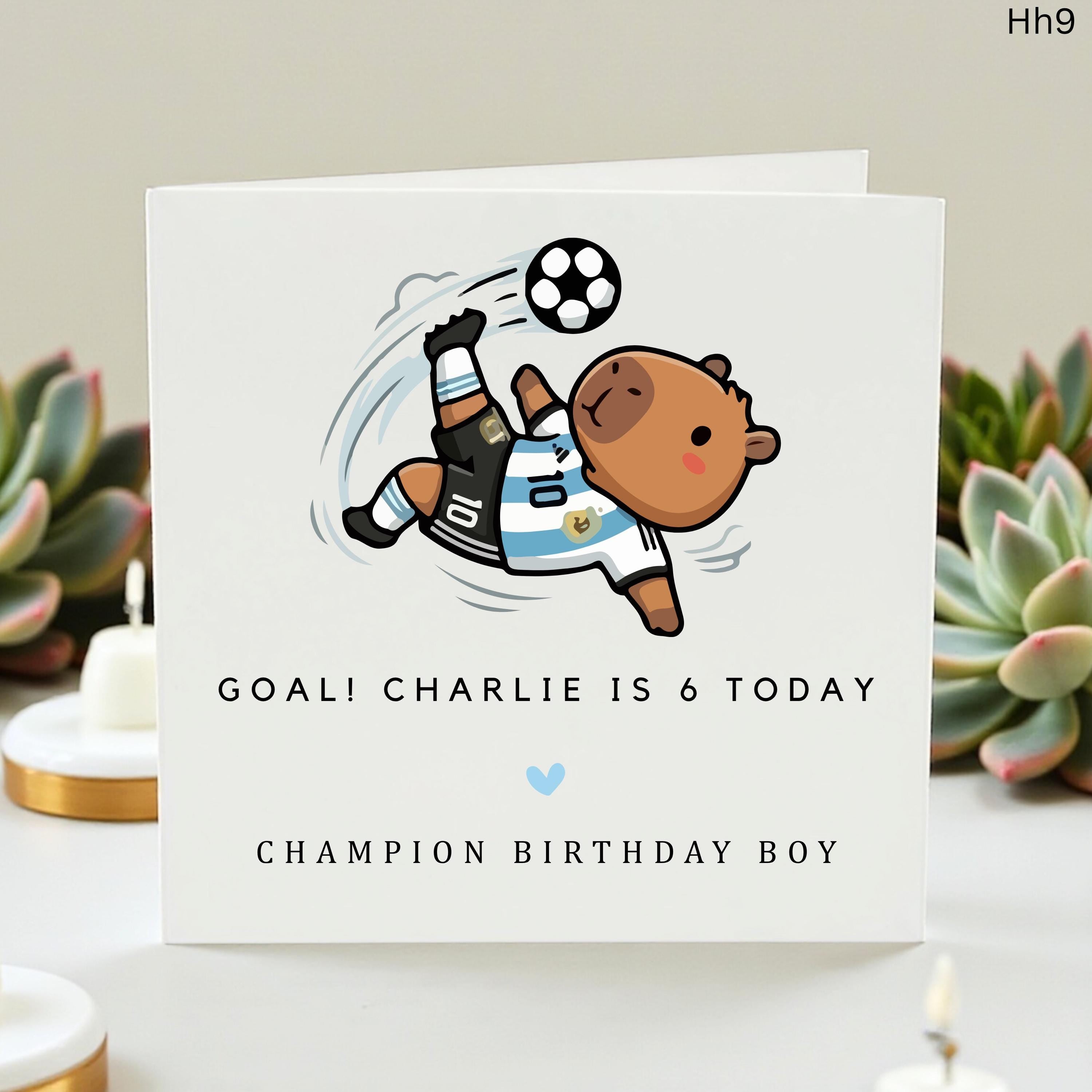 Personalized Football Capybara 6th Birthday Card for Boys, Custom Soccer Goal Birthday Card for Son, Grandson, Age 6 Champion Birthday Card