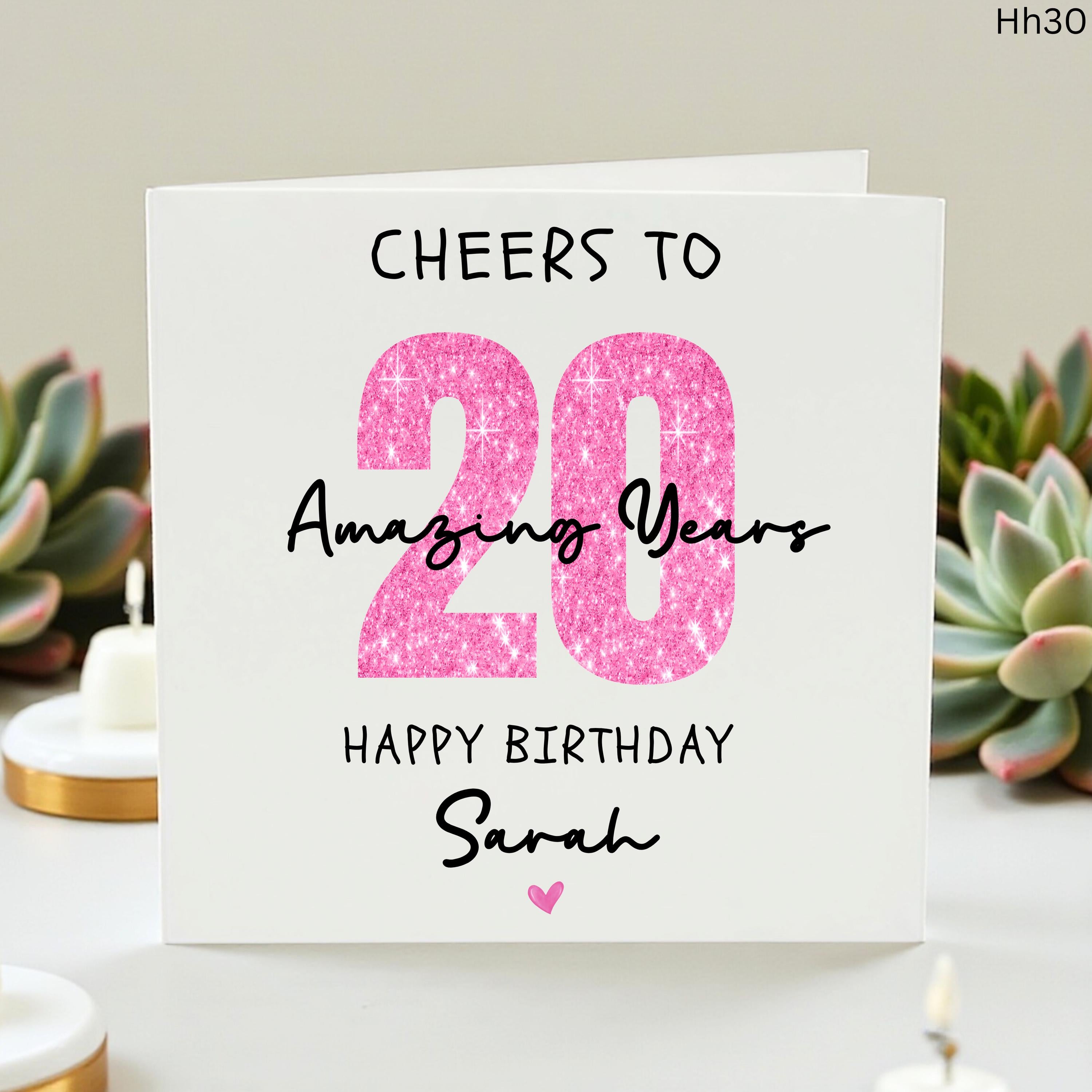 Personalized 20th Birthday Card for Sarah, Cheers to 20 Years Card, Pink Glitter Milestone Birthday Card, Custom Name 20th Birthday Gift