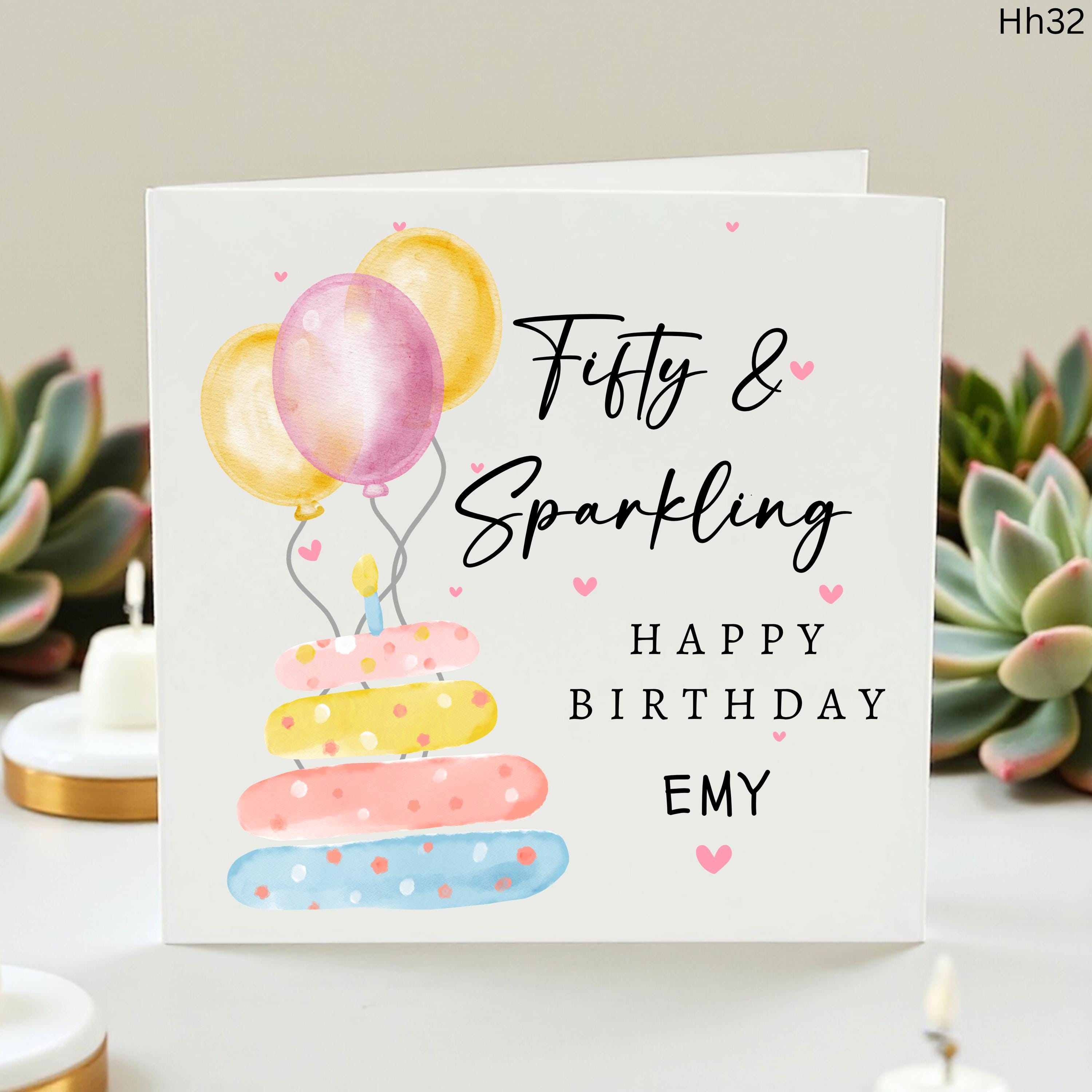 Personalized 50th Birthday Card for Emy, Fifty and Sparkling Birthday Gift for Her, Custom Name 50th Card, Watercolor Cake & Balloons Card