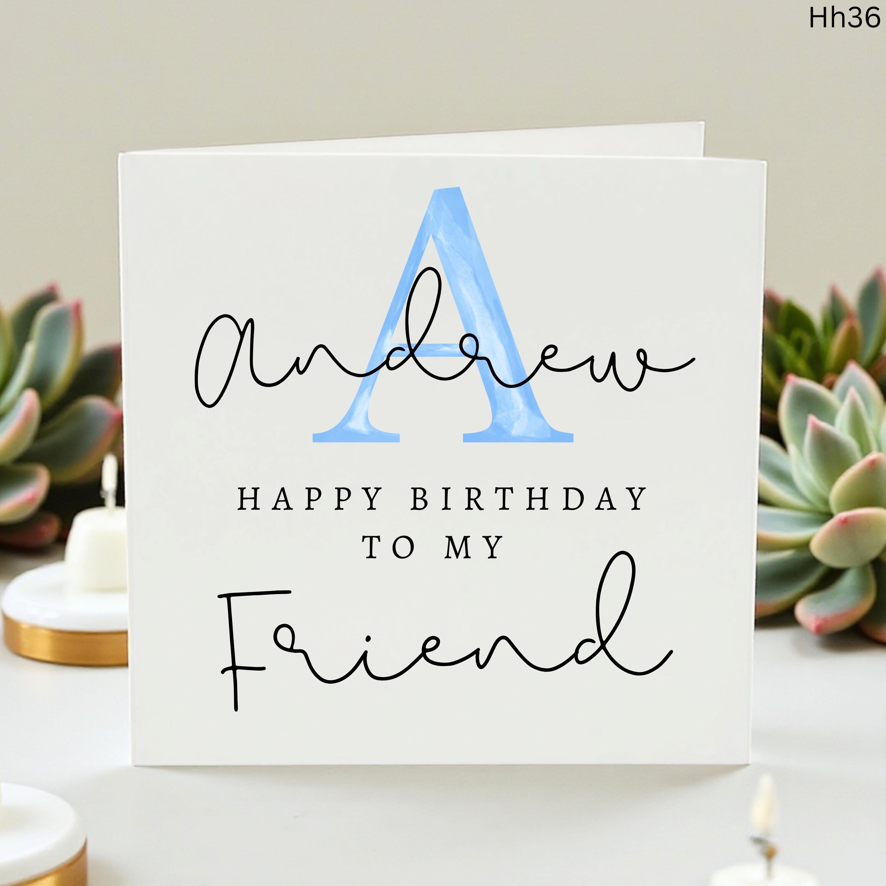 Personalized Friend Birthday Card with Blue Initial, Custom Name Birthday Card for Him, Minimalist Modern Greeting Card Handmade Card Friend