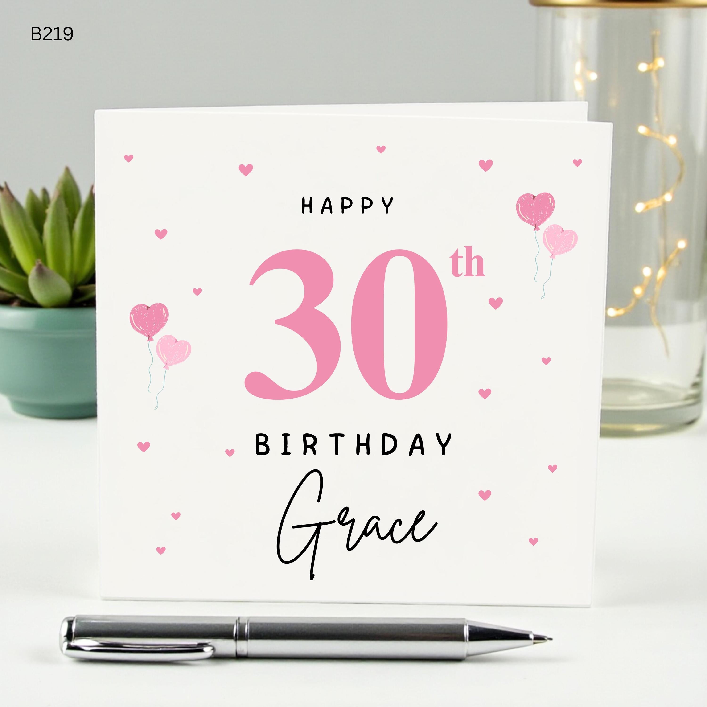Personalized 30th Birthday Card for Her, Custom Name Birthday Card for Daughter, Happy 30th Birthday Grace, Pink Balloon Heart Card,