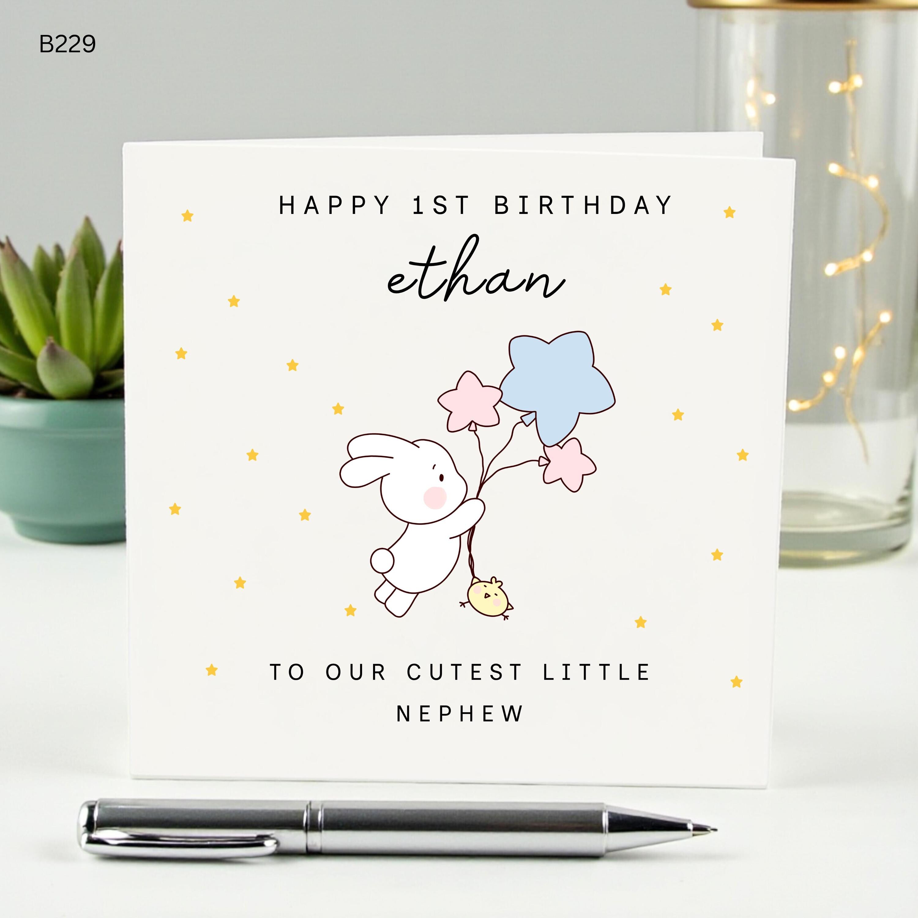 Personalized 1st Birthday Card for Nephew, Custom Name Age 1 Card, Happy First Birthday Ethan, Cute Bunny Star Balloon Card for Him,