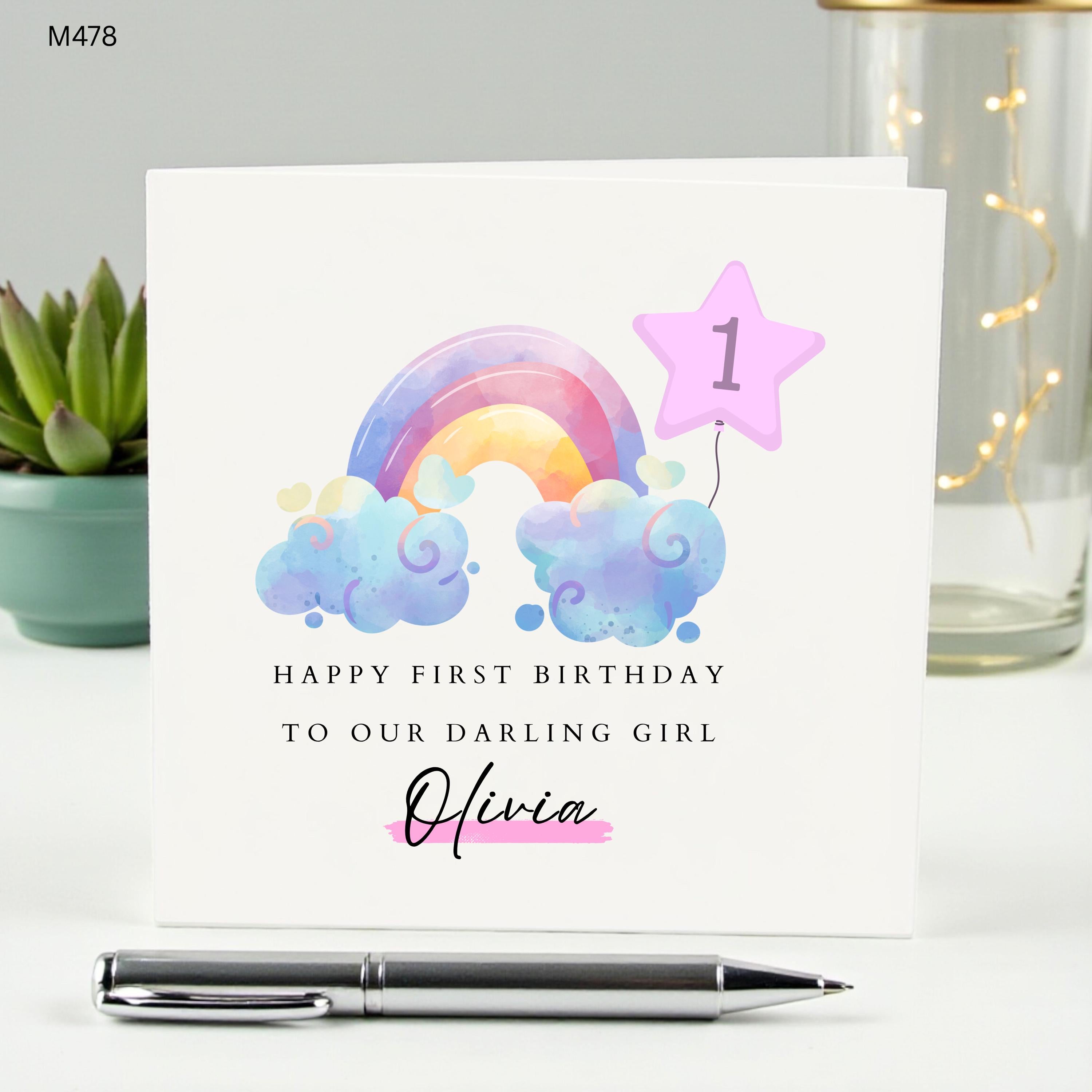 Personalized 1st Birthday Card for Girl, Rainbow First Birthday Card with Name, To Our Darling Girl, Custom Age One Card, Daughter or Niece