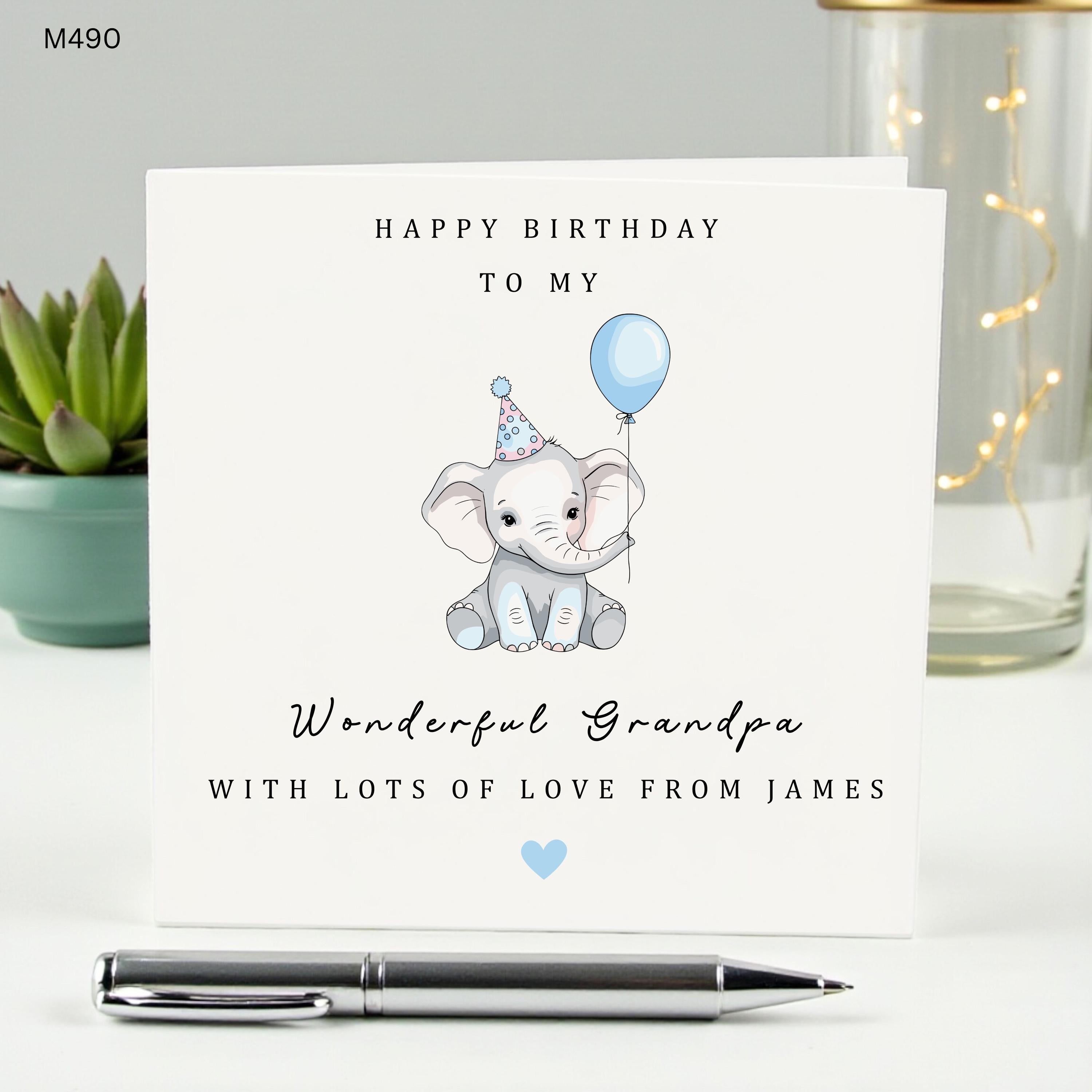 Personalized Grandpa Birthday Card from Grandson, Custom Name Elephant Birthday Card for Grandad, Cute Blue Balloon Card for Gramps James