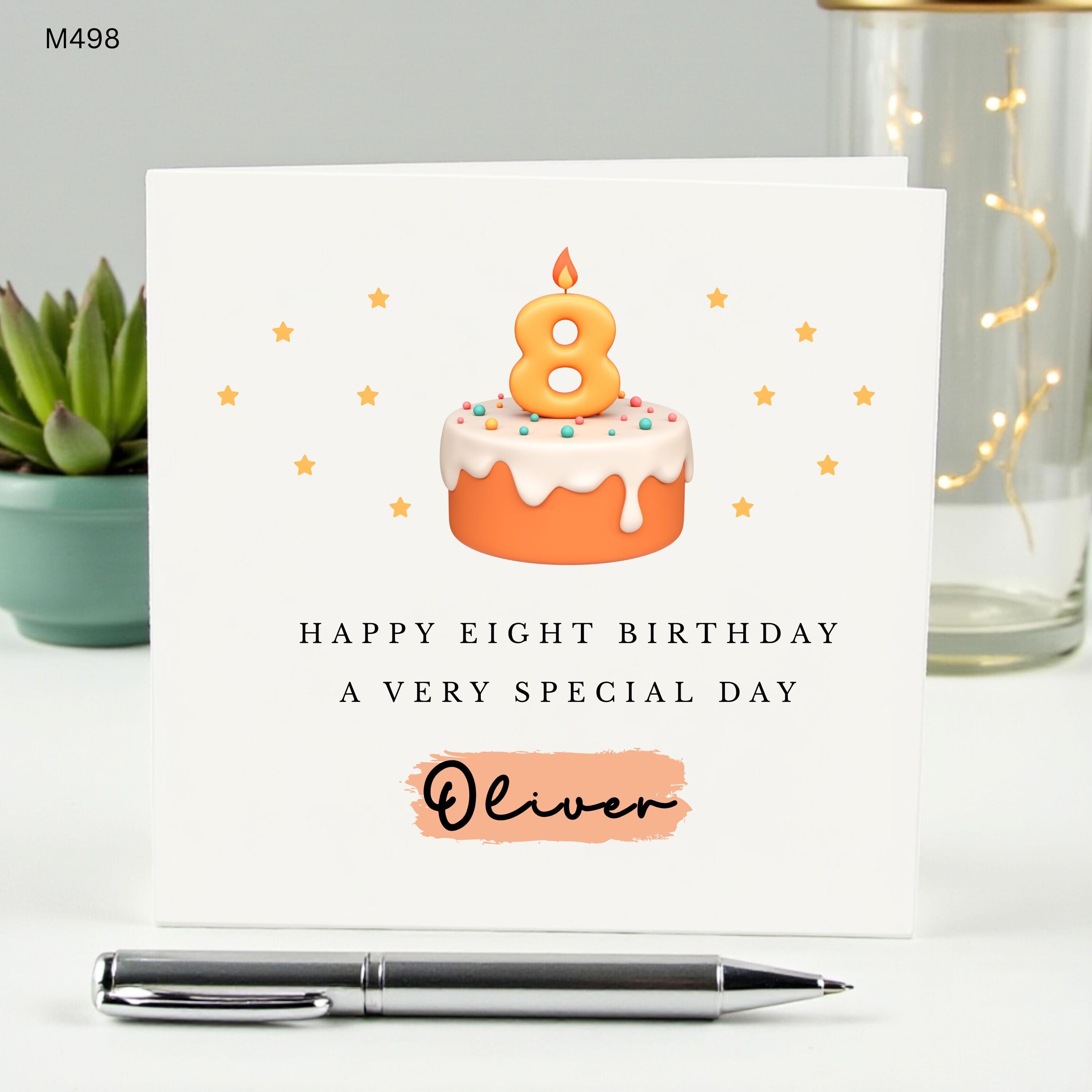 Personalized 8th Birthday Card for Boys, Happy Eight Birthday Oliver, Custom Name Kids Birthday Card, Orange Cake and Stars, Son Grandson