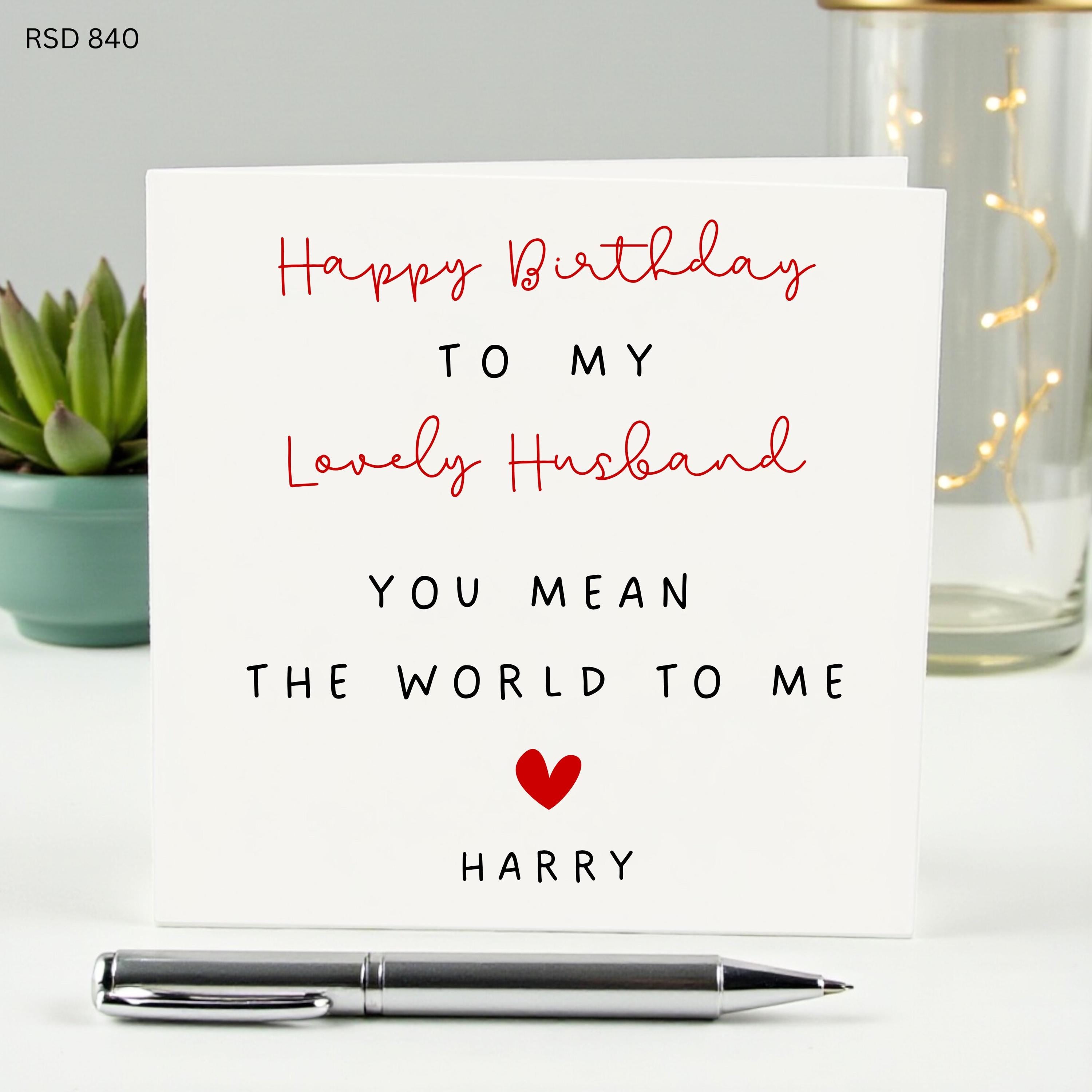 Personalized Happy Birthday to My Lovely Husband Card, You Mean the World to Me, Custom Name Birthday Card for Him, Romantic Heart, Harry