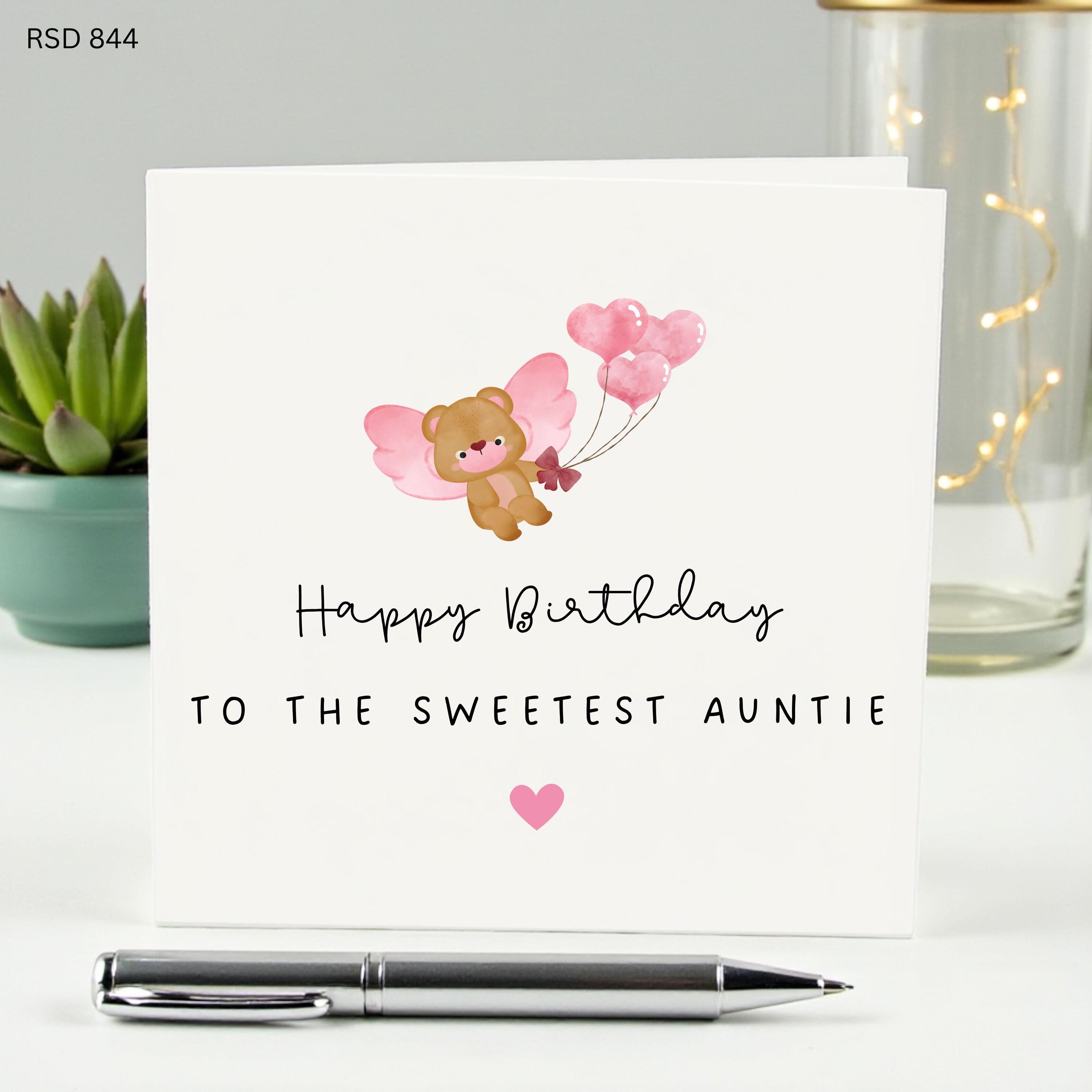 Happy Birthday to the Sweetest Auntie Card - Cute Teddy Bear with Heart Balloons Birthday Card for Aunt - Special Auntie Birthday Gift
