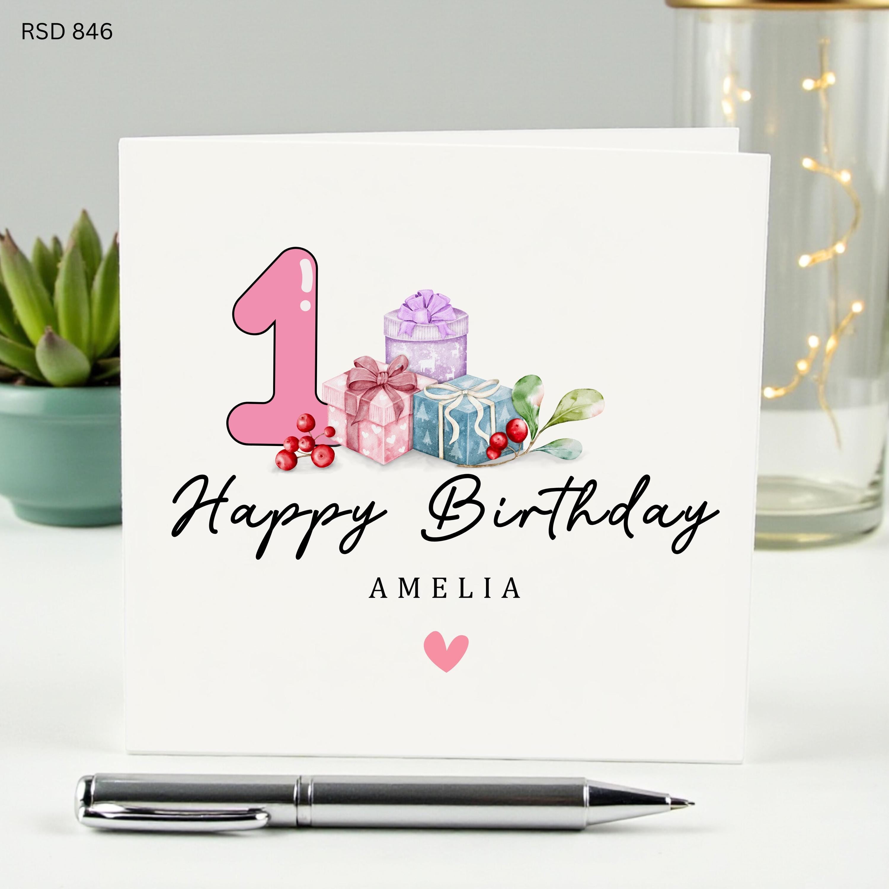 Personalized 1st Birthday Card for Baby Girl - Custom Name First Birthday Card Amelia - Pink Age 1 Card for Daughter Niece or Granddaughter