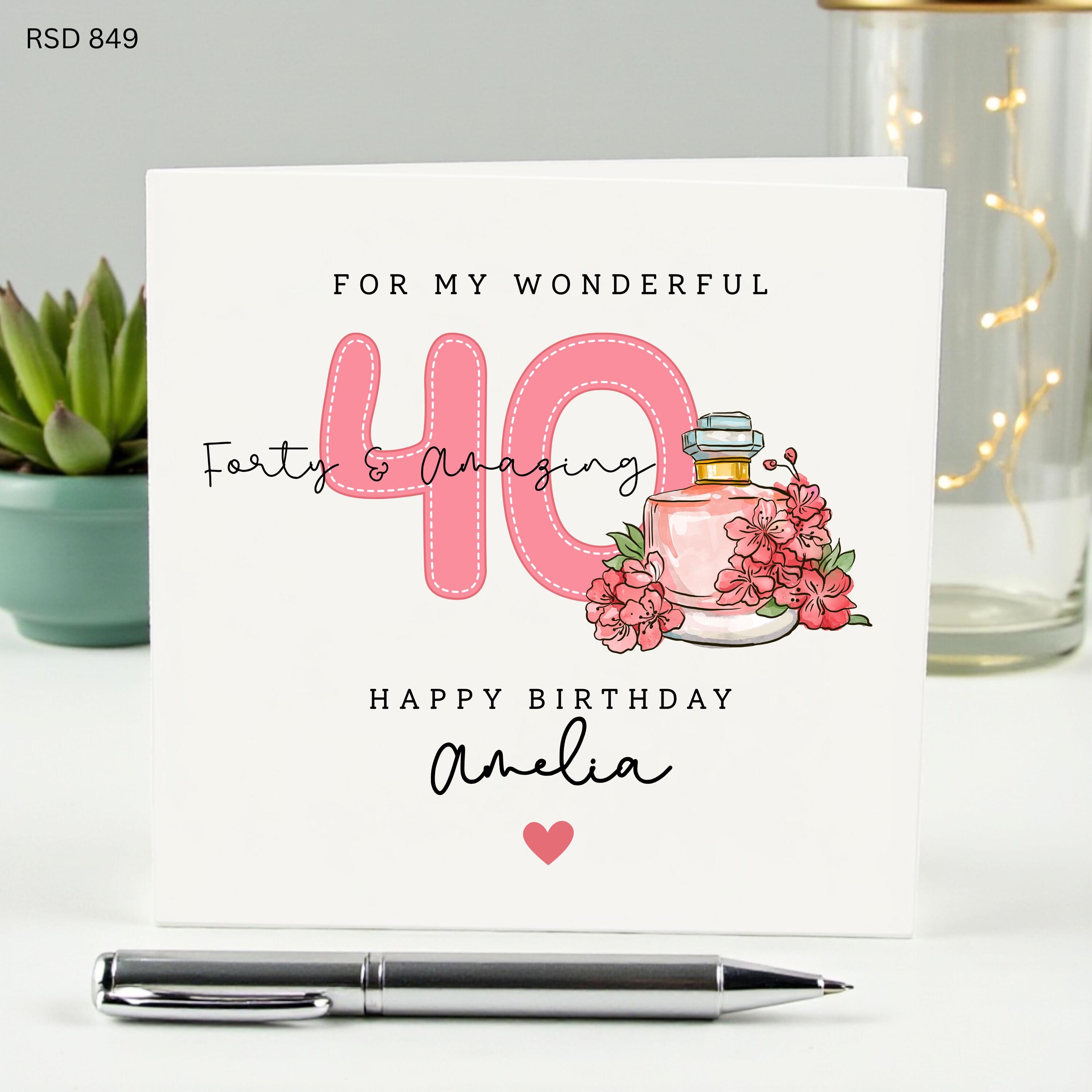 Personalized 40th Birthday Card for Her, Forty and Amazing Milestone Card, Custom Name Card for Amelia, Perfume and Flowers Birthday Gift