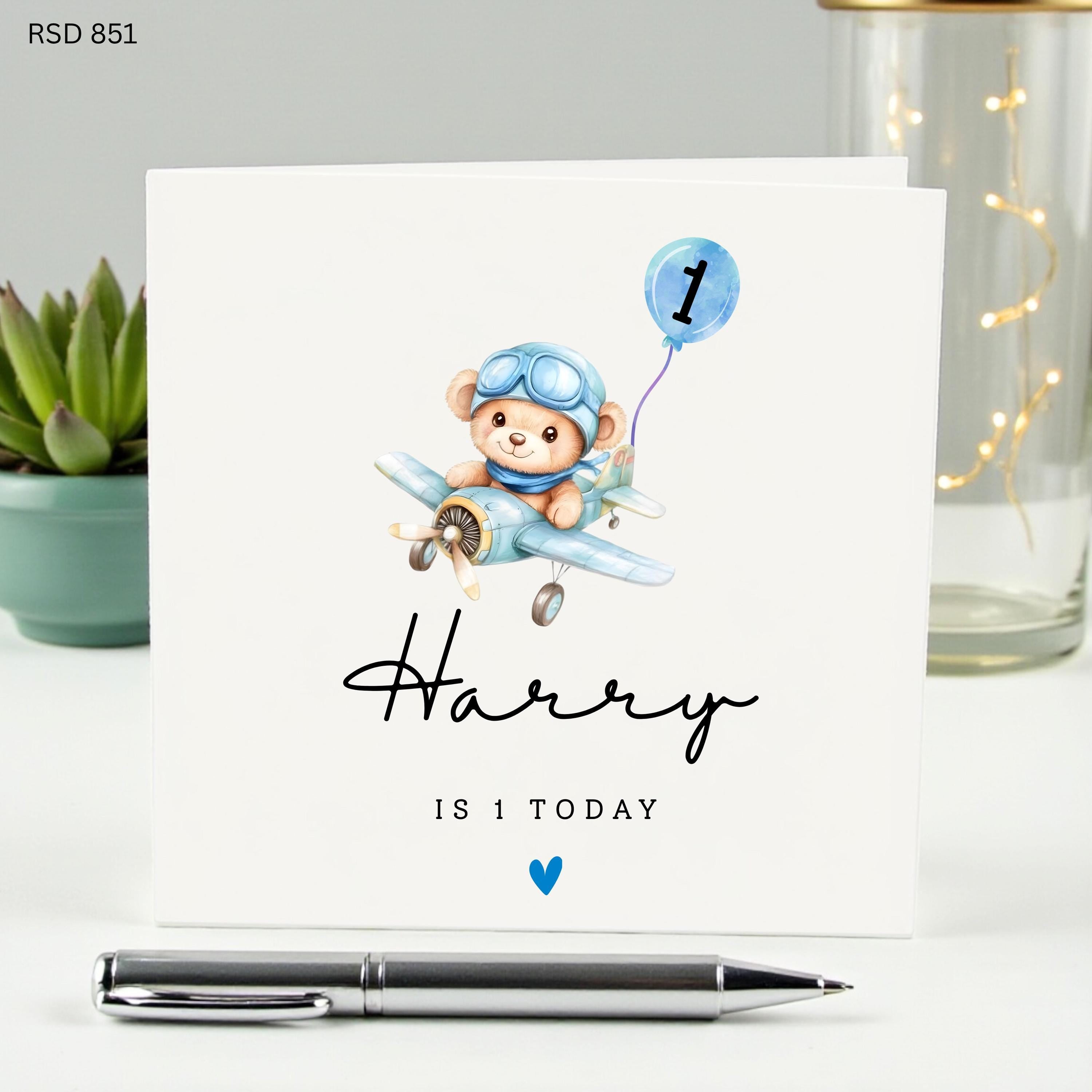 Personalized 1st Birthday Card for Boy, Harry is 1 Today, Cute Teddy Bear Pilot Airplane Card, Custom First Birthday Card for Son Grandson
