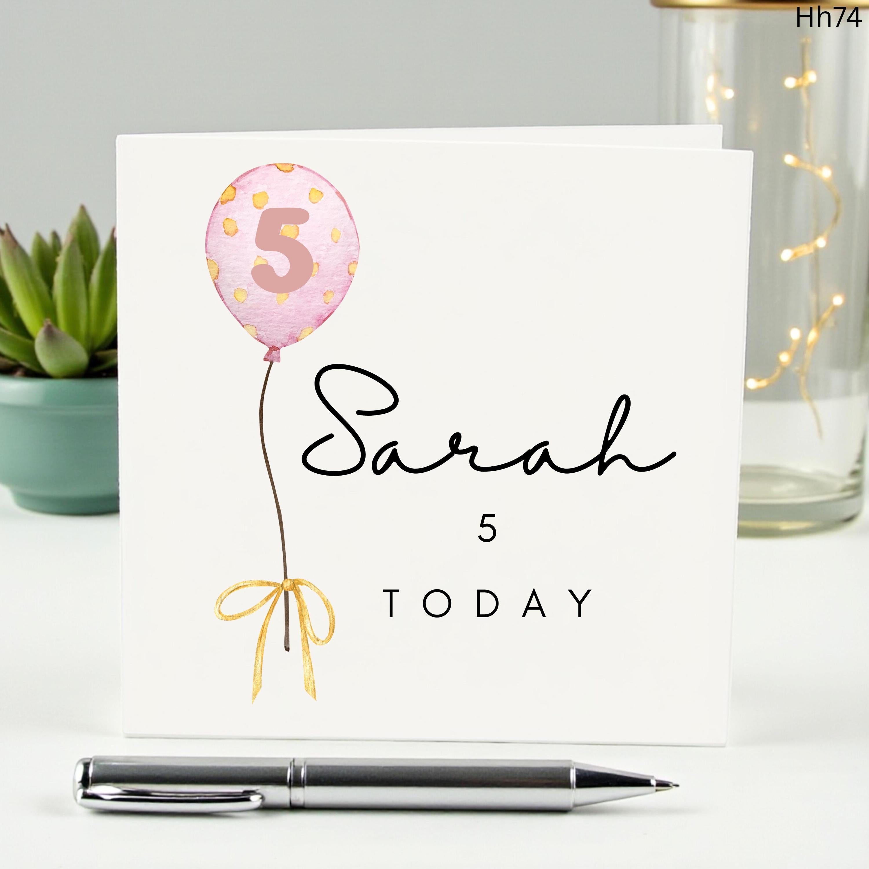 Personalized 5th Birthday Card for Girls, Custom Name Age 5 Birthday Card, Pink Balloon Daughter Birthday Gift, Sarah 5 Today Card, Niece