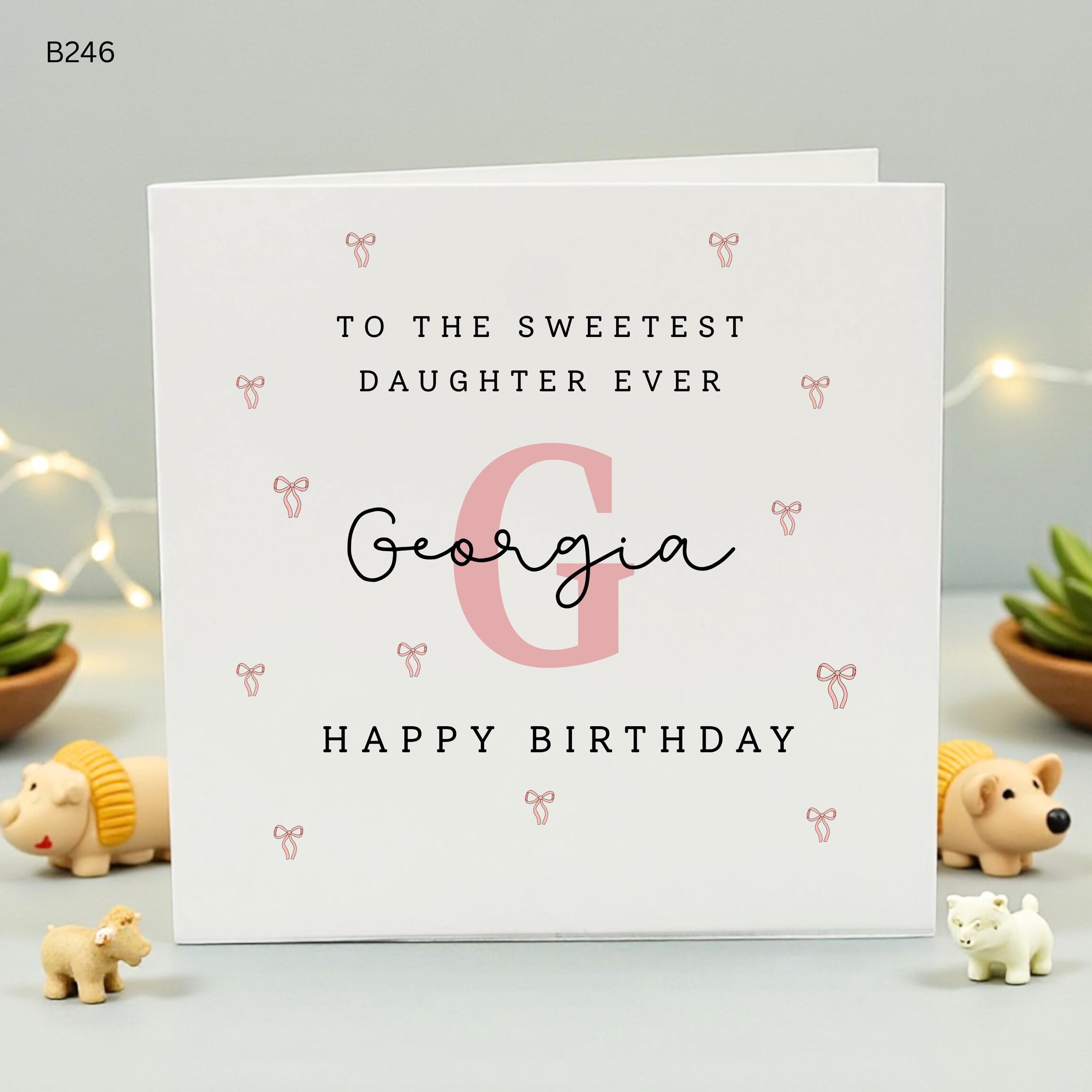 Personalised Daughter Birthday Card, Pink Initial and Bows Custom Name Card, To The Sweetest Daughter Ever Cute Coquette Style Birthday Gift