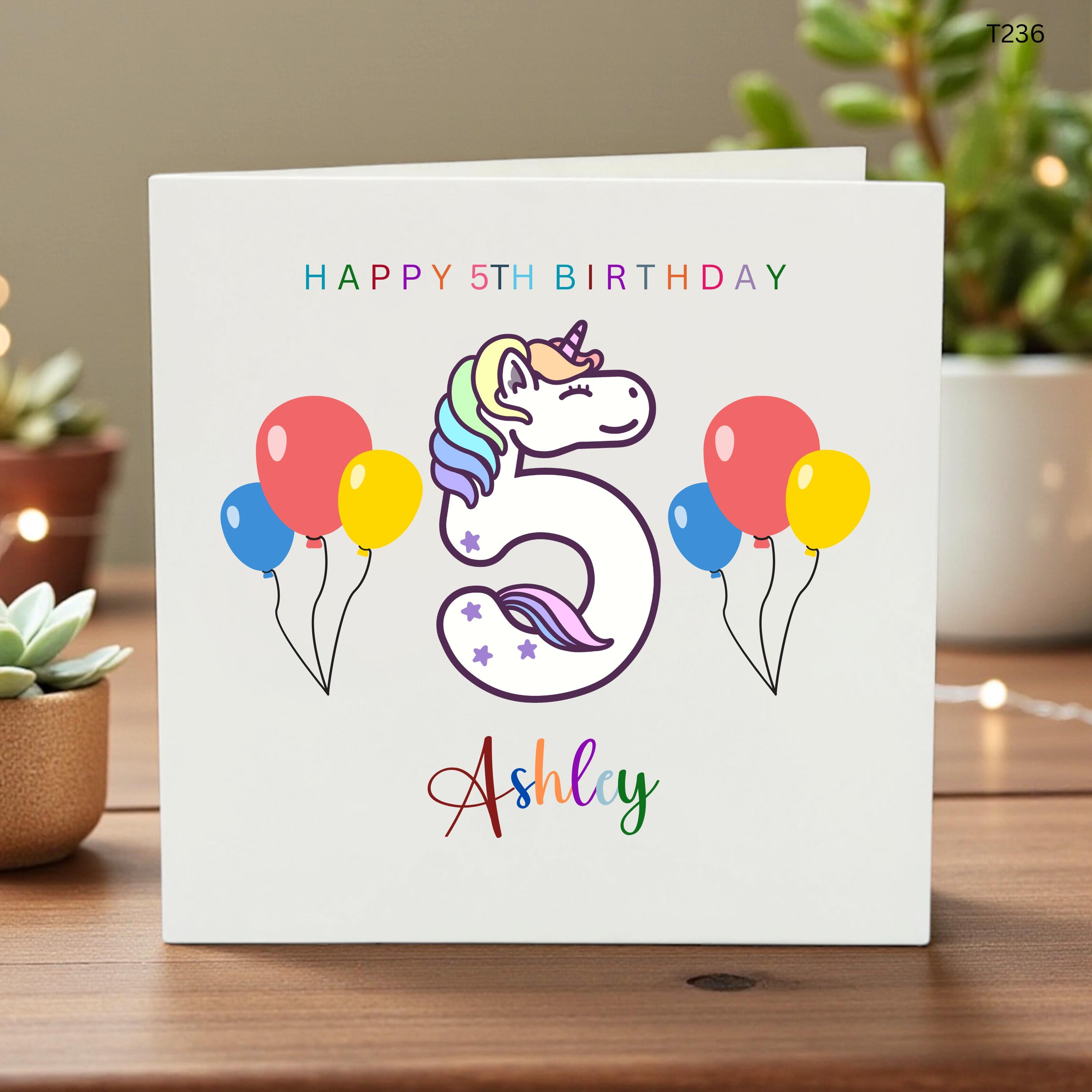 Personalized 5th Birthday Card for Daughter, Custom Unicorn Birthday Card with Name, Magical Unicorn 5th Birthday, Colorful Rainbow Birthda
