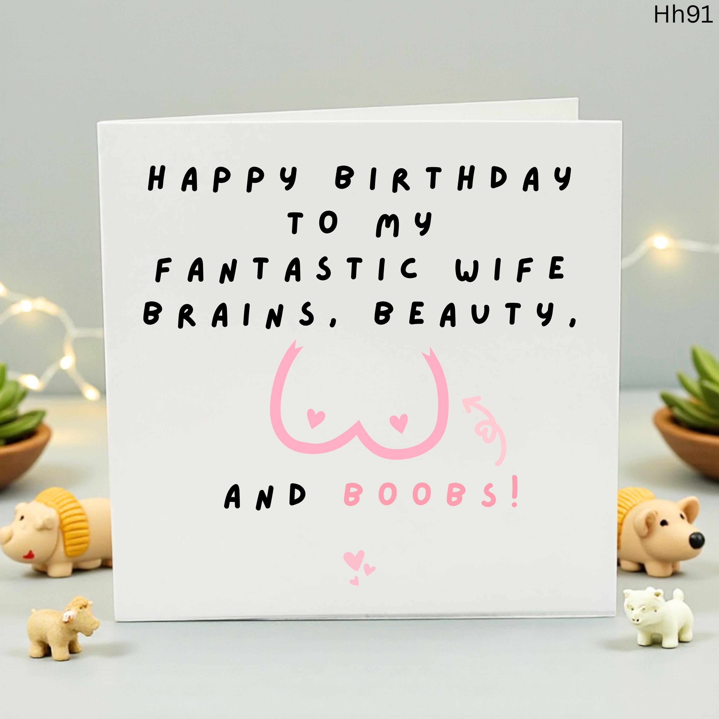 Funny Birthday Card for Wife - Brains Beauty and Boobs - Rude Birthday Card for Her - Inappropriate Humorous Greeting Card from Husband