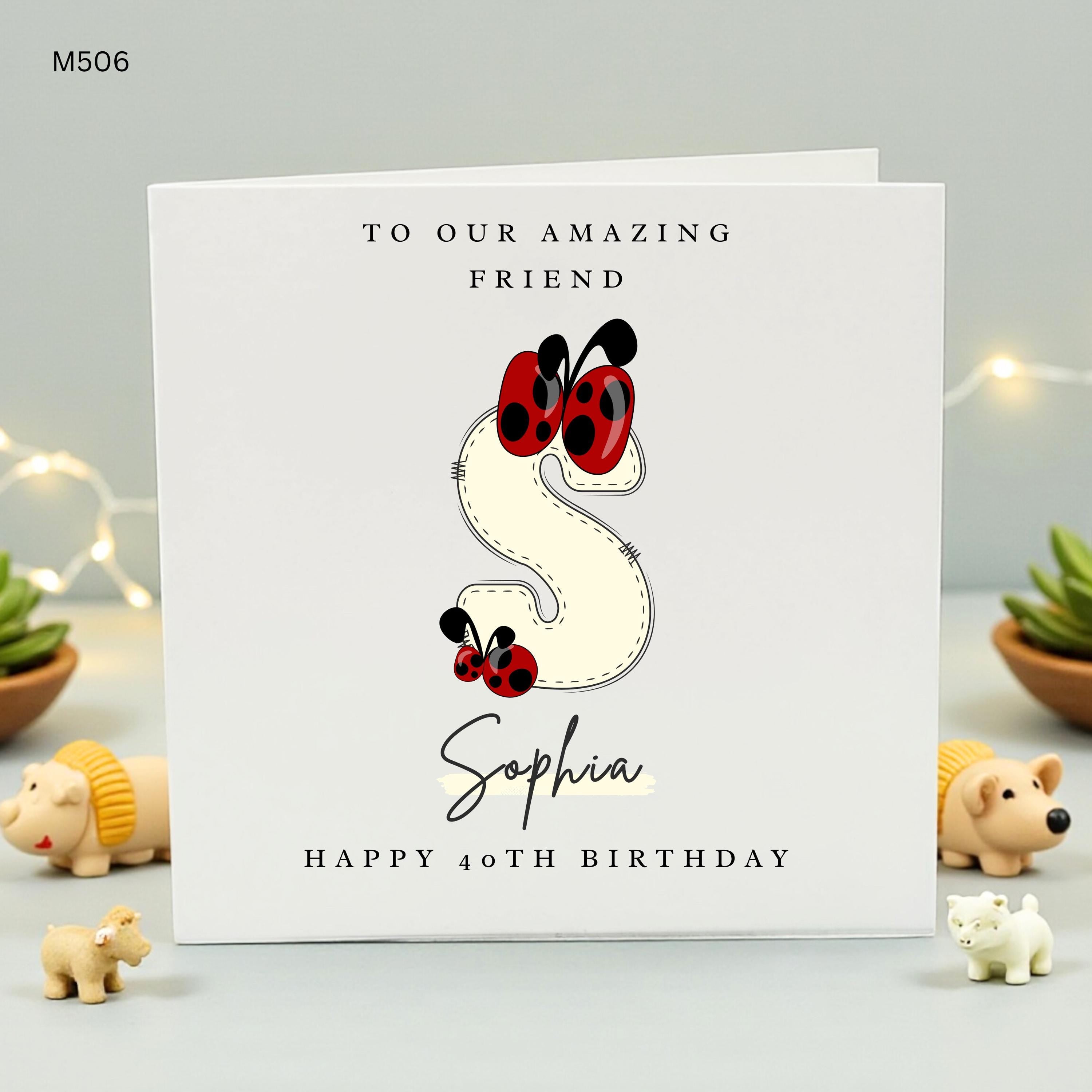 Personalized 40th Birthday Card for Friend, Ladybug Birthday Gift for Her, Custom Name Milestone Birthday Card