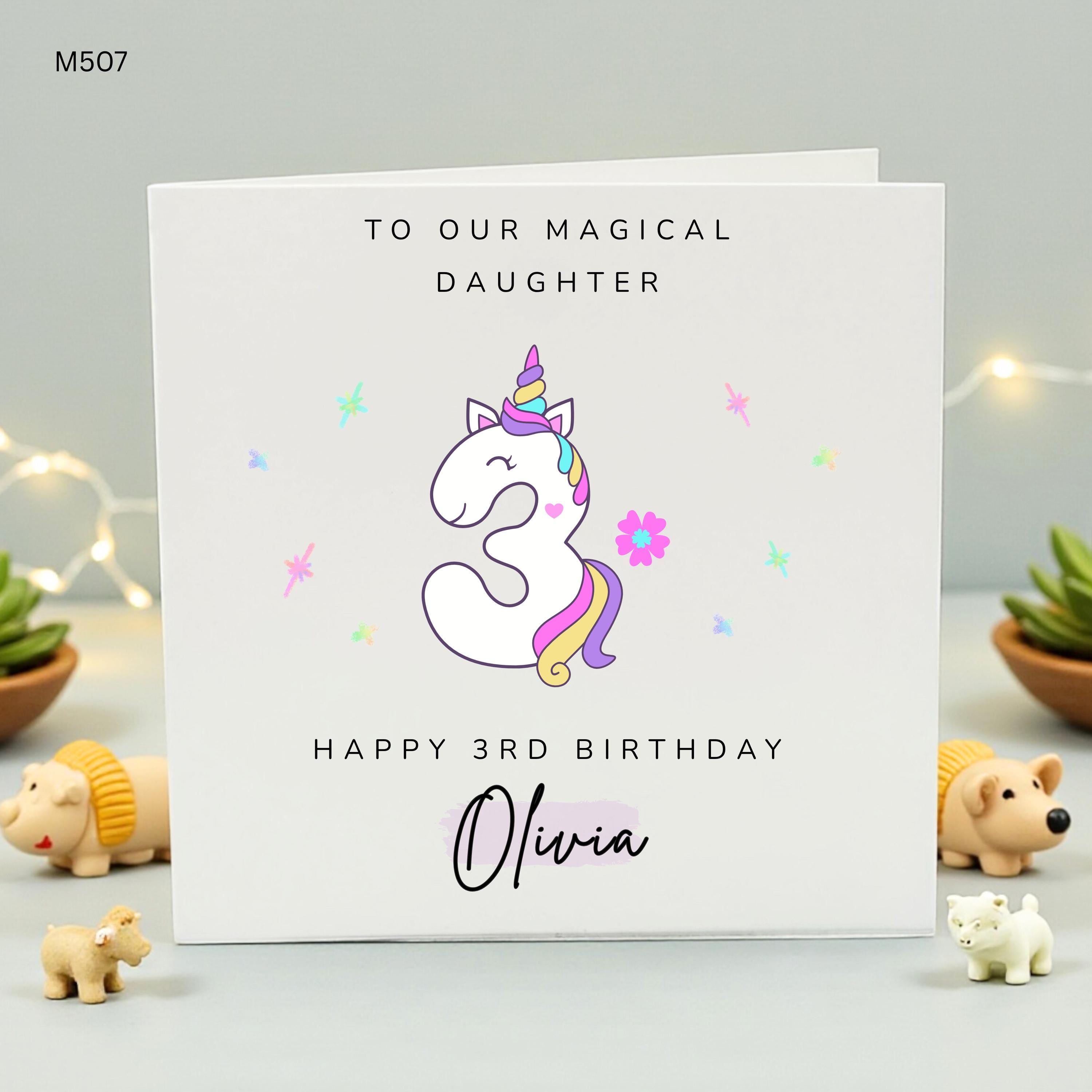 Personalized 3rd Birthday Card for Daughter, Unicorn, Magical Birthday Gift for Girl, Custom Name Third Birthday Card