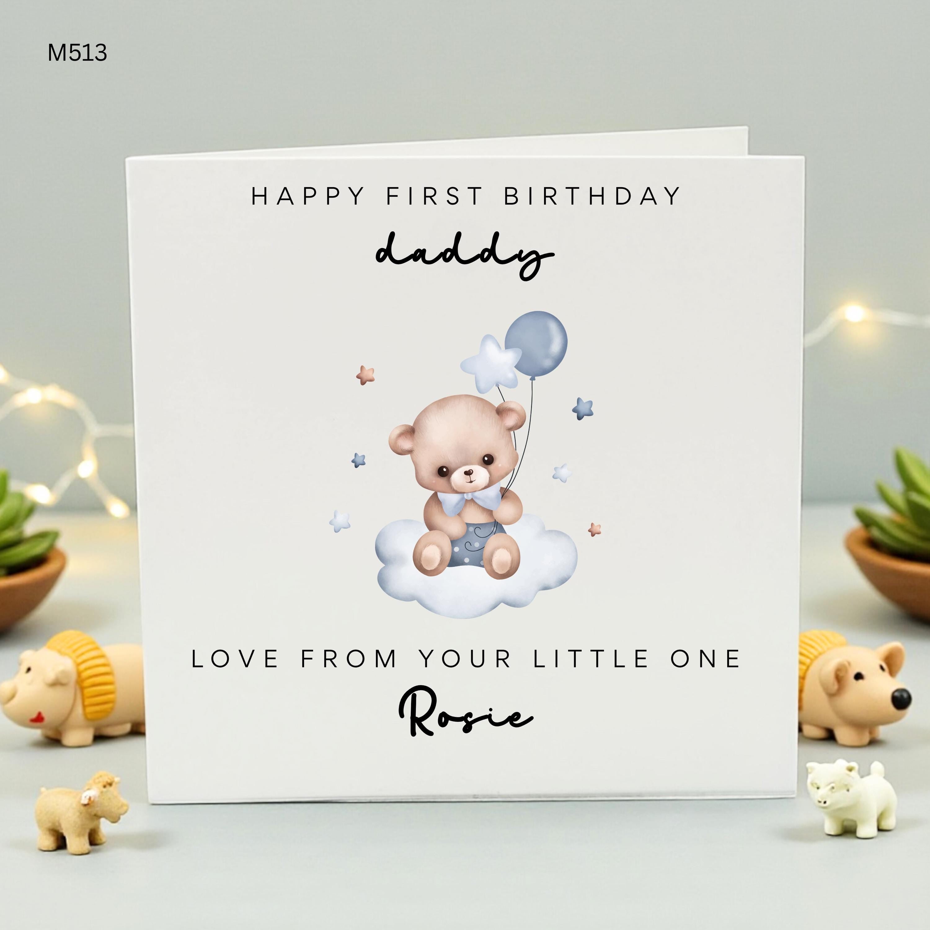 Personalized Happy First Birthday Daddy Card from Rosie, Custom 1st Birthday Card for Dad from Daughter or Son, Cute Teddy Bear Card