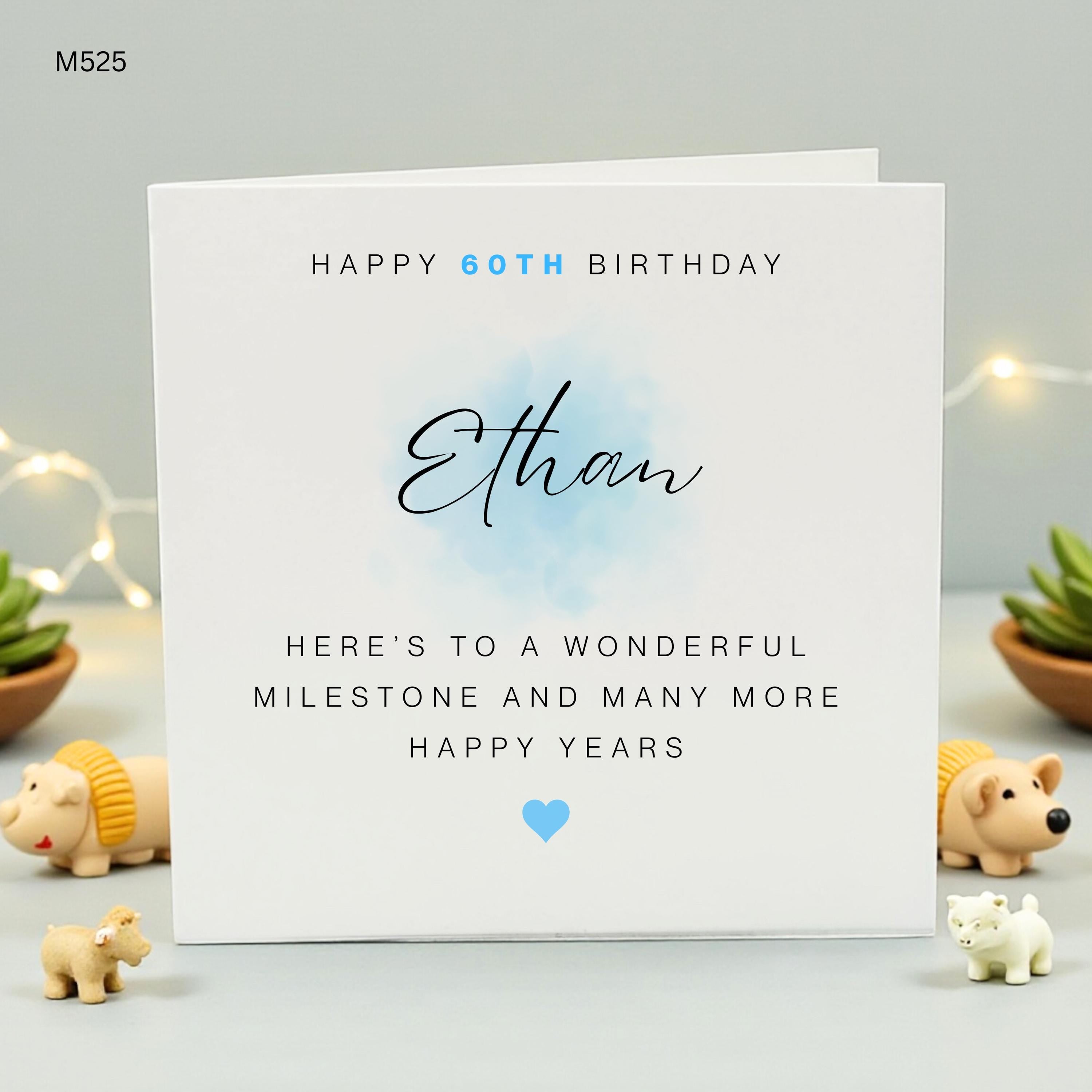Personalized 60th Birthday Card for Him, Blue Watercolor Happy 60th Birthday Ethan, Custom Sixty Milestone Birthday Card, Sixty Gift for Men