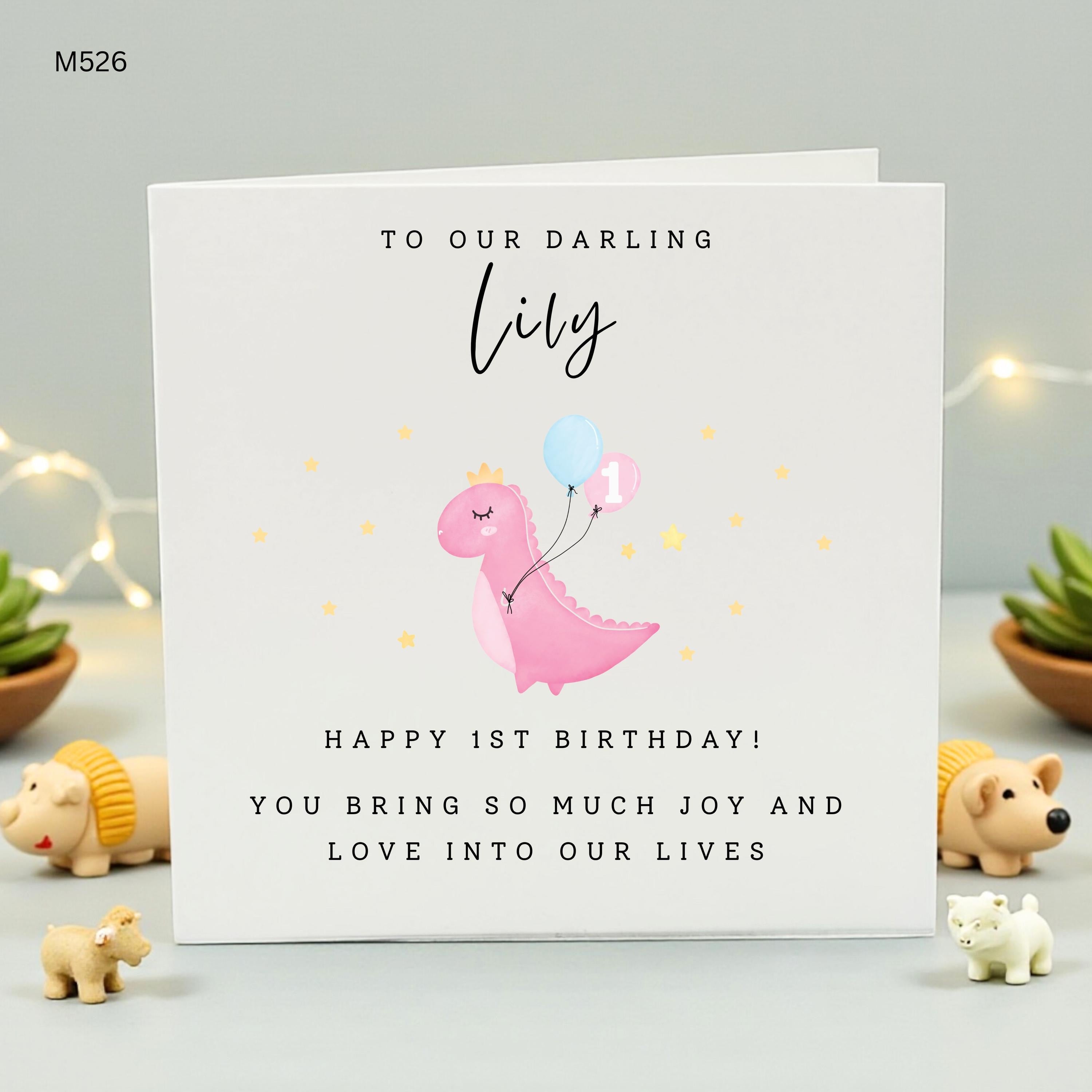 Personalized 1st Birthday Card for Lily, Pink Dinosaur First Birthday Card for Daughter or Granddaughter, Cute Girl 1st Birthday Gift Idea