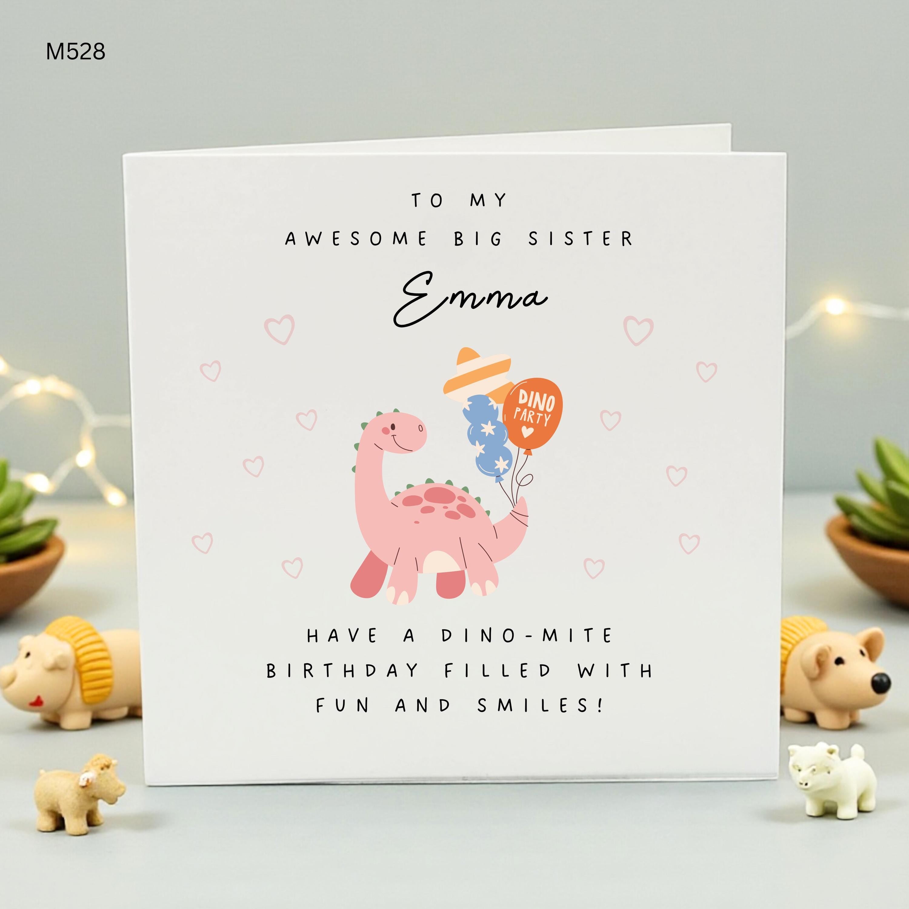 Personalized Big Sister Birthday Card for Emma, Cute Pink Dinosaur Birthday Card for Daughter, Dino-mite Birthday Gift for Awesome Sister