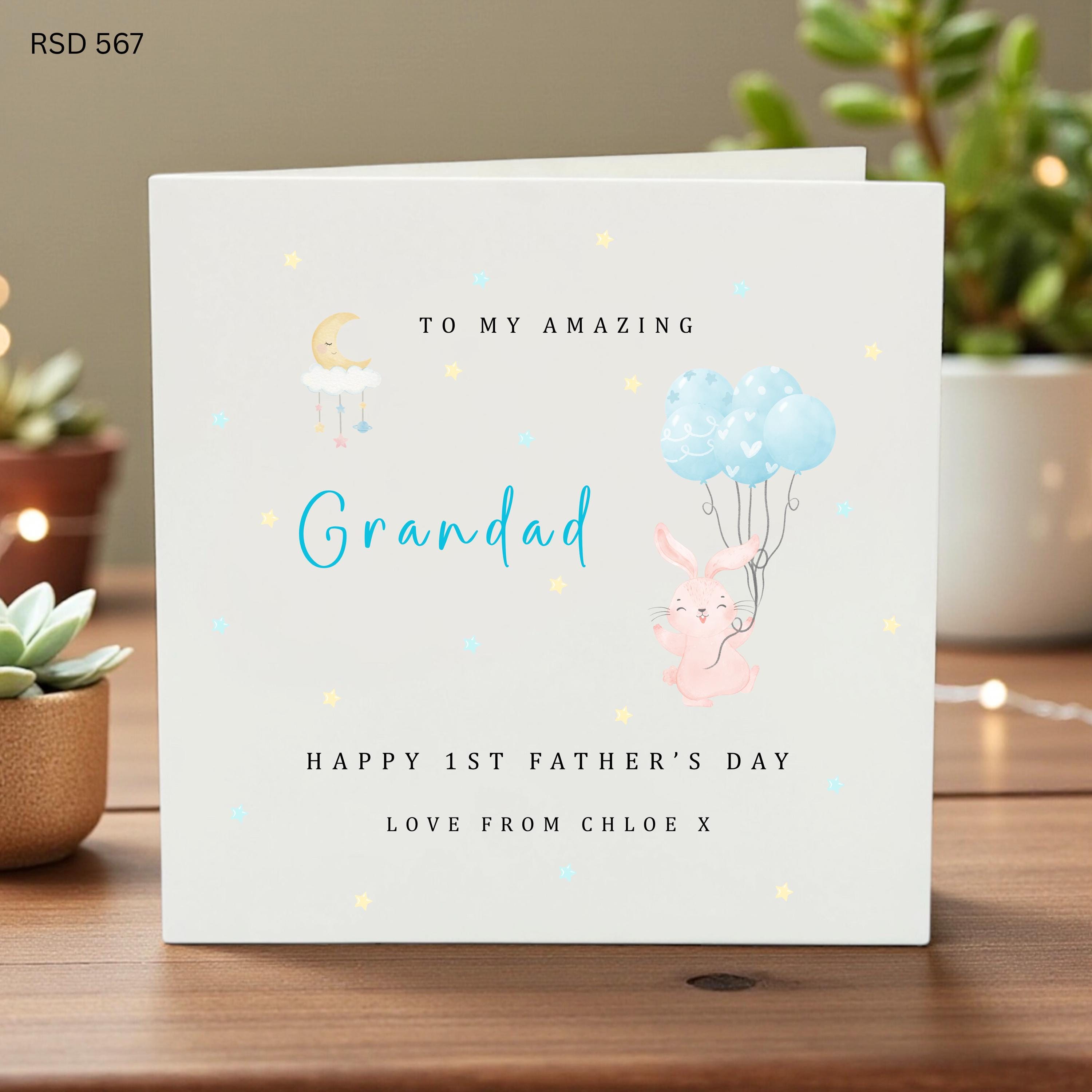 Personalized 1st Father’s Day Card for Grandad, Custom Name Gift, Cute Bunny Balloon Design, Baby’s First Dad, Blue Theme Card