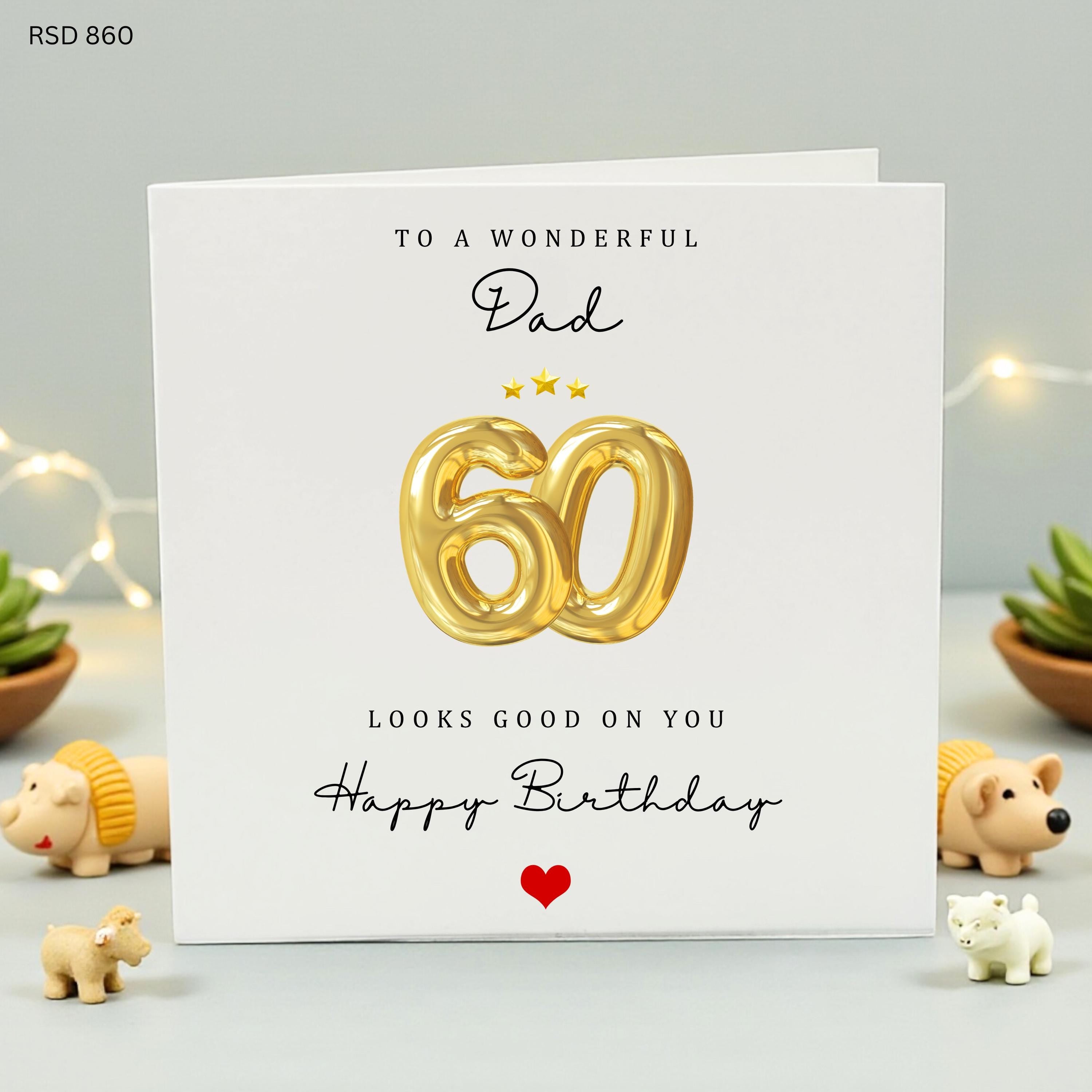 60th Birthday Card for Dad, Happy 60th Birthday Card for Him, Gold Balloon Birthday Card, Sixty Birthday Gift, Card for Father Grandad