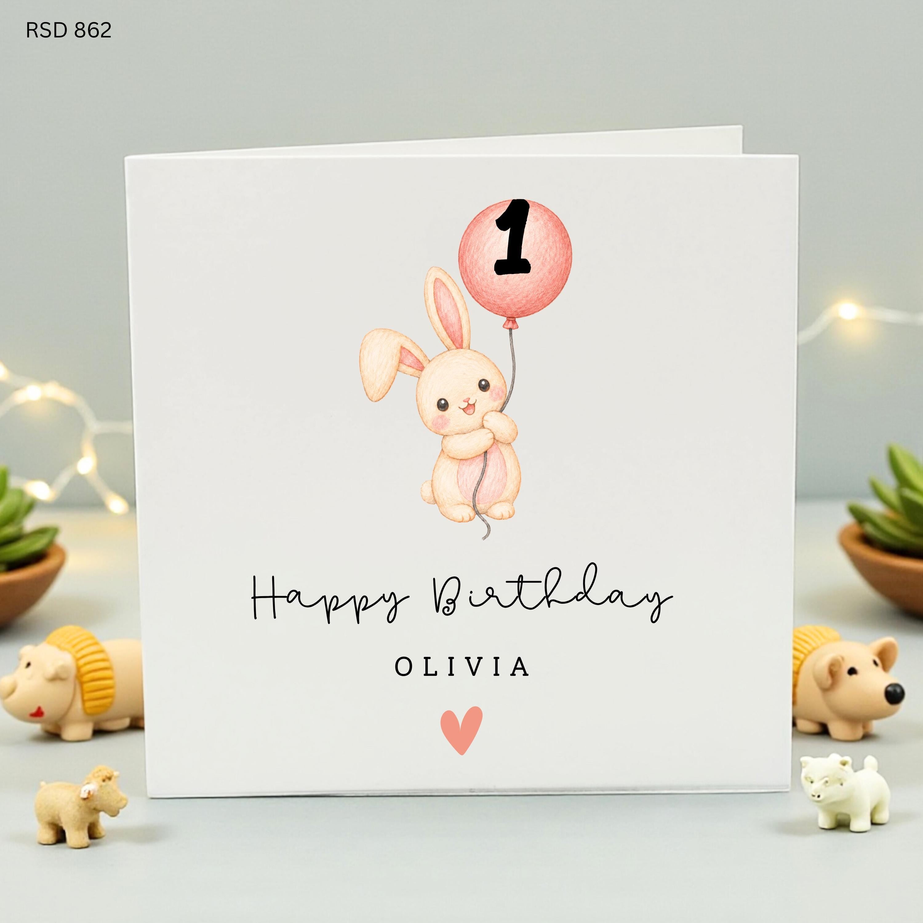 Personalised 1st Birthday Card Girl, 1st Birthday Card Daughter, Cute Bunny Birthday Card, First Birthday Gift, Custom Name Card Olivia