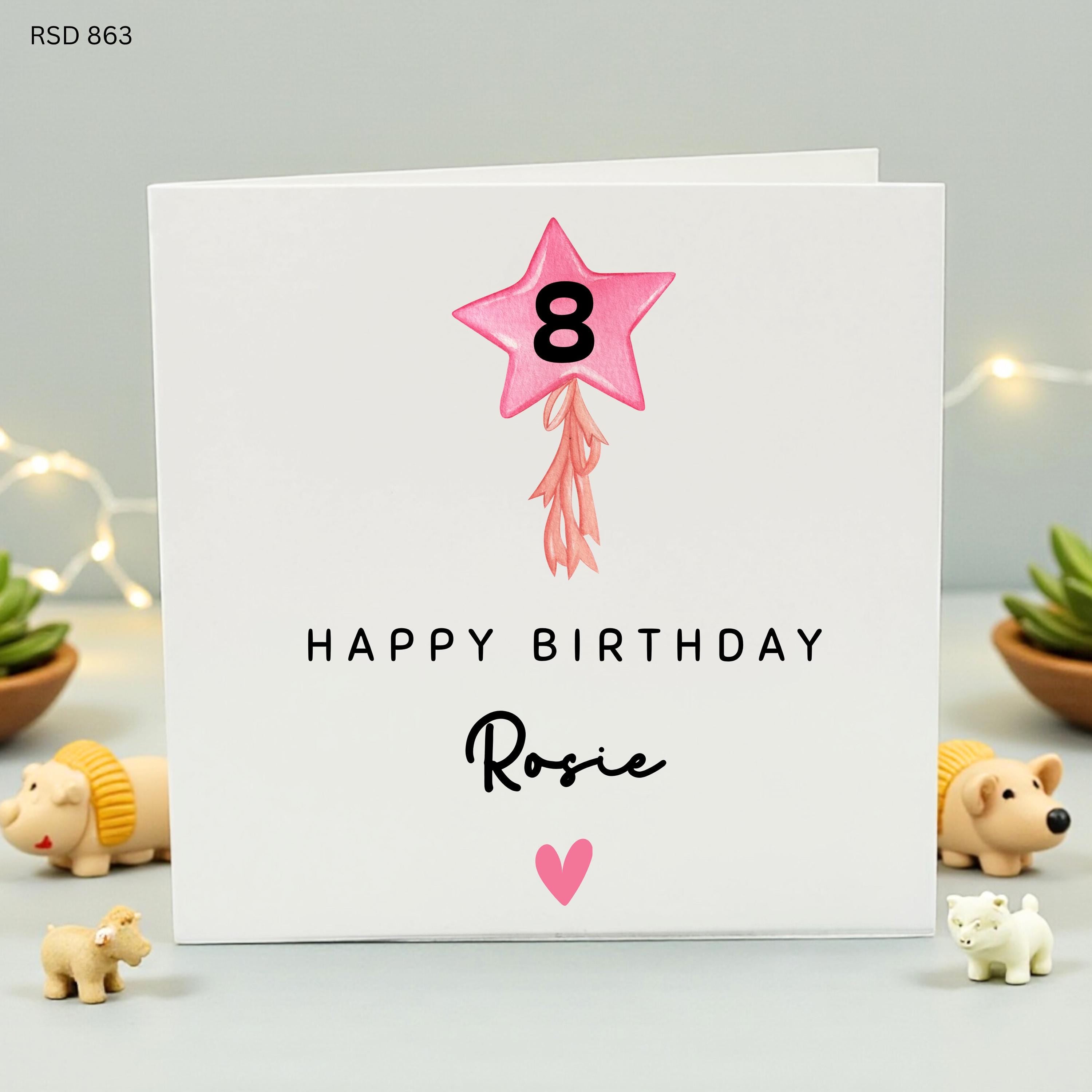 Personalised 8th Birthday Card Girl, 8th Birthday Card Daughter, Pink Star Birthday Card, Eight Birthday Gift, Custom Name Card for Rosie