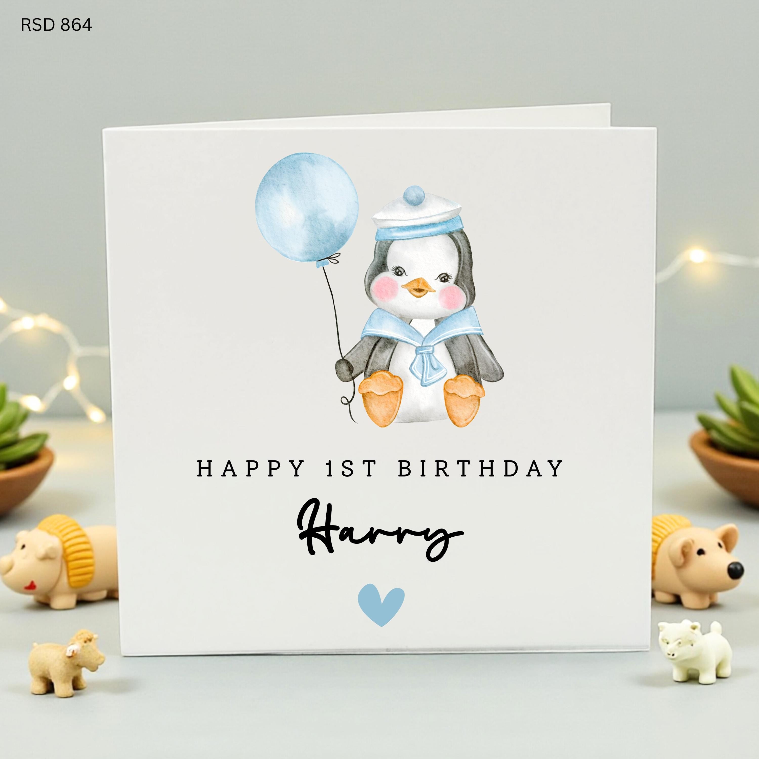 Personalised 1st Birthday Card Boy, 1st Birthday Card Son, Cute Penguin Birthday Card, First Birthday Gift, Custom Name Card Blue