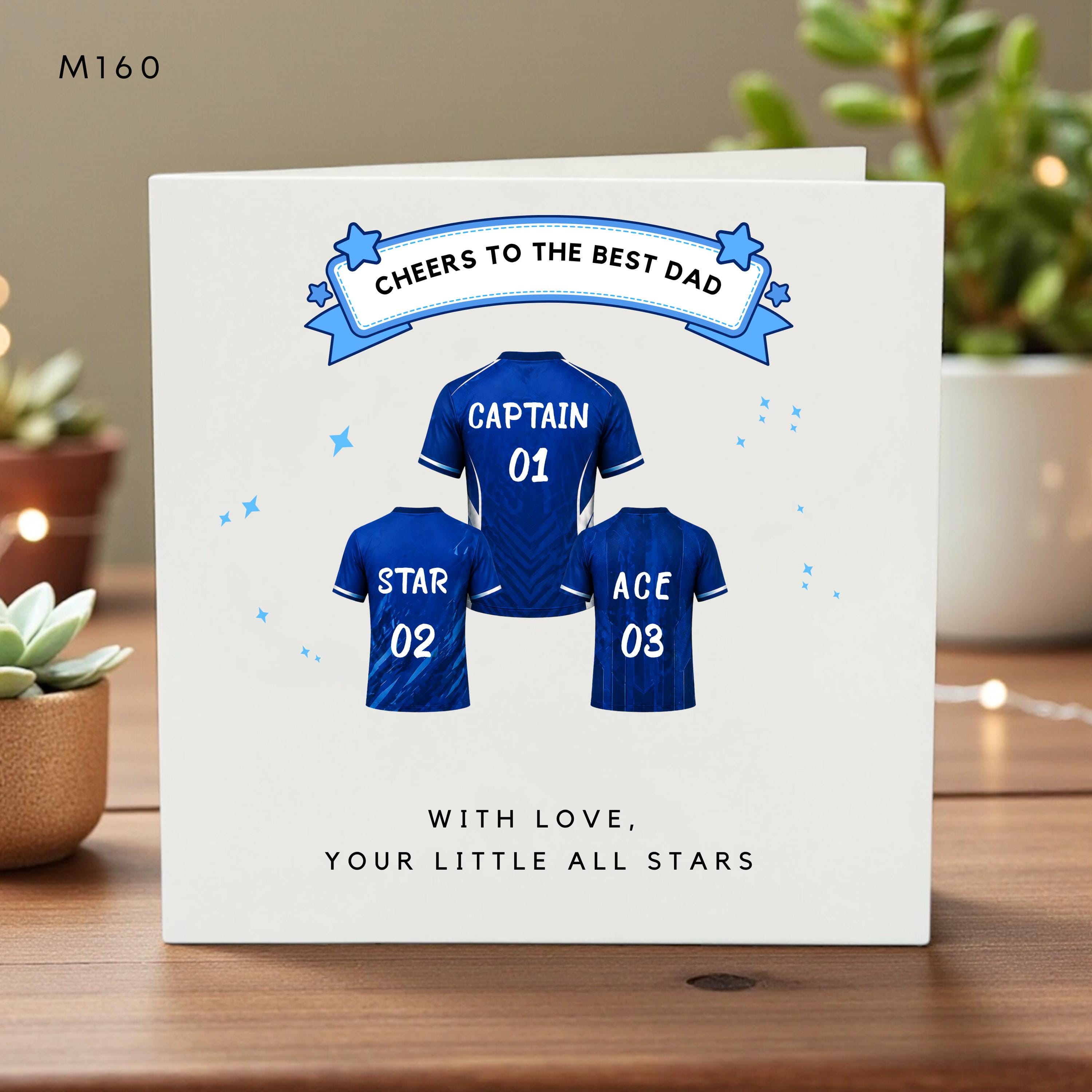 Personalized Father’s Day Card, Custom Soccer Jersey Design, Cheers to the Best Dad, Family Gift, Kids’ Message, All Stars Theme