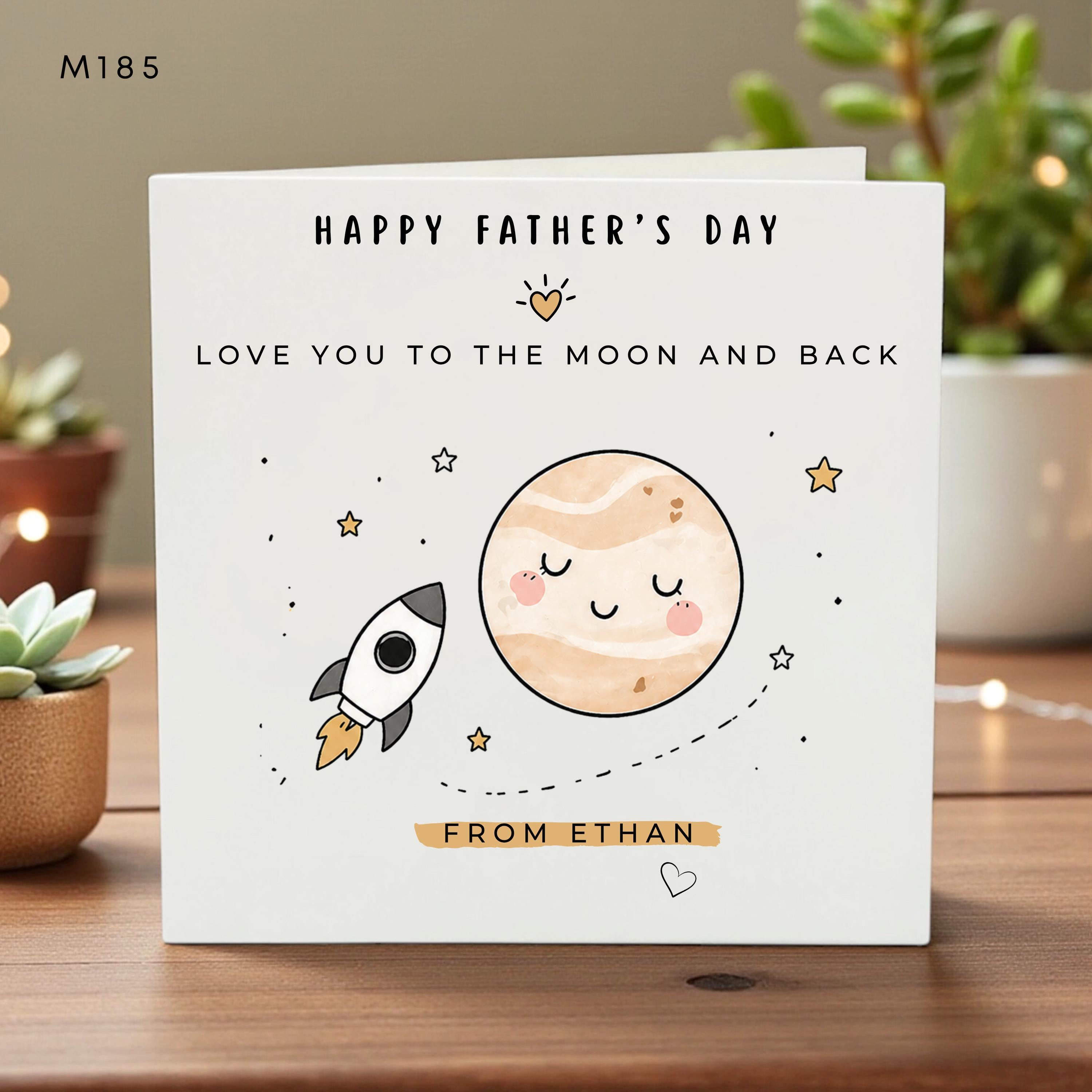 Cute Father’s Day Card for Dad, Love You to the Moon and Back, Personalized Gift from Child, Space Rocket Card, Handmade Greeting