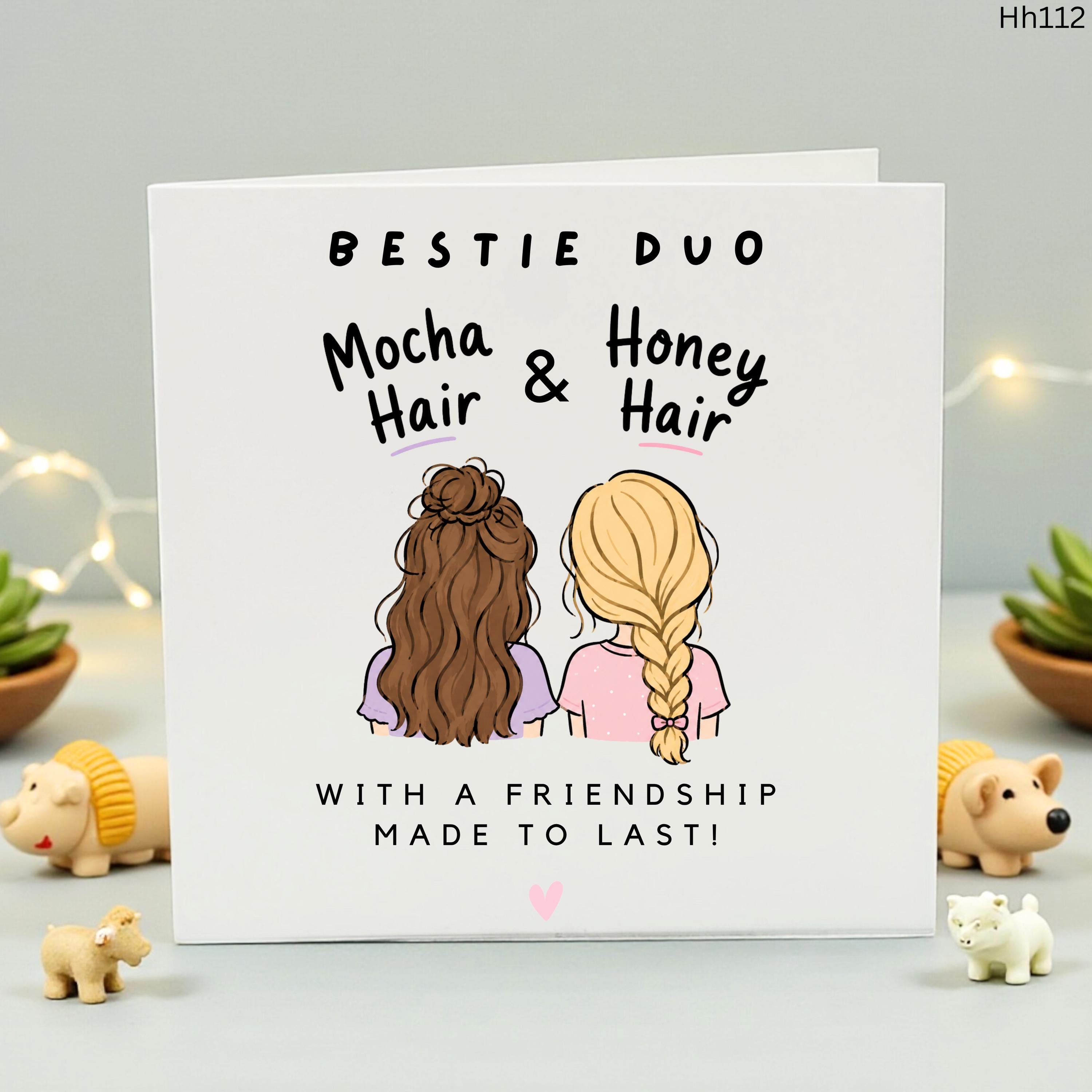 Bestie Duo Birthday Card, Brunette and Blonde Friendship Gift, Mocha and Honey Hair Best Friend Card, Long Distance Bestie Greeting Card