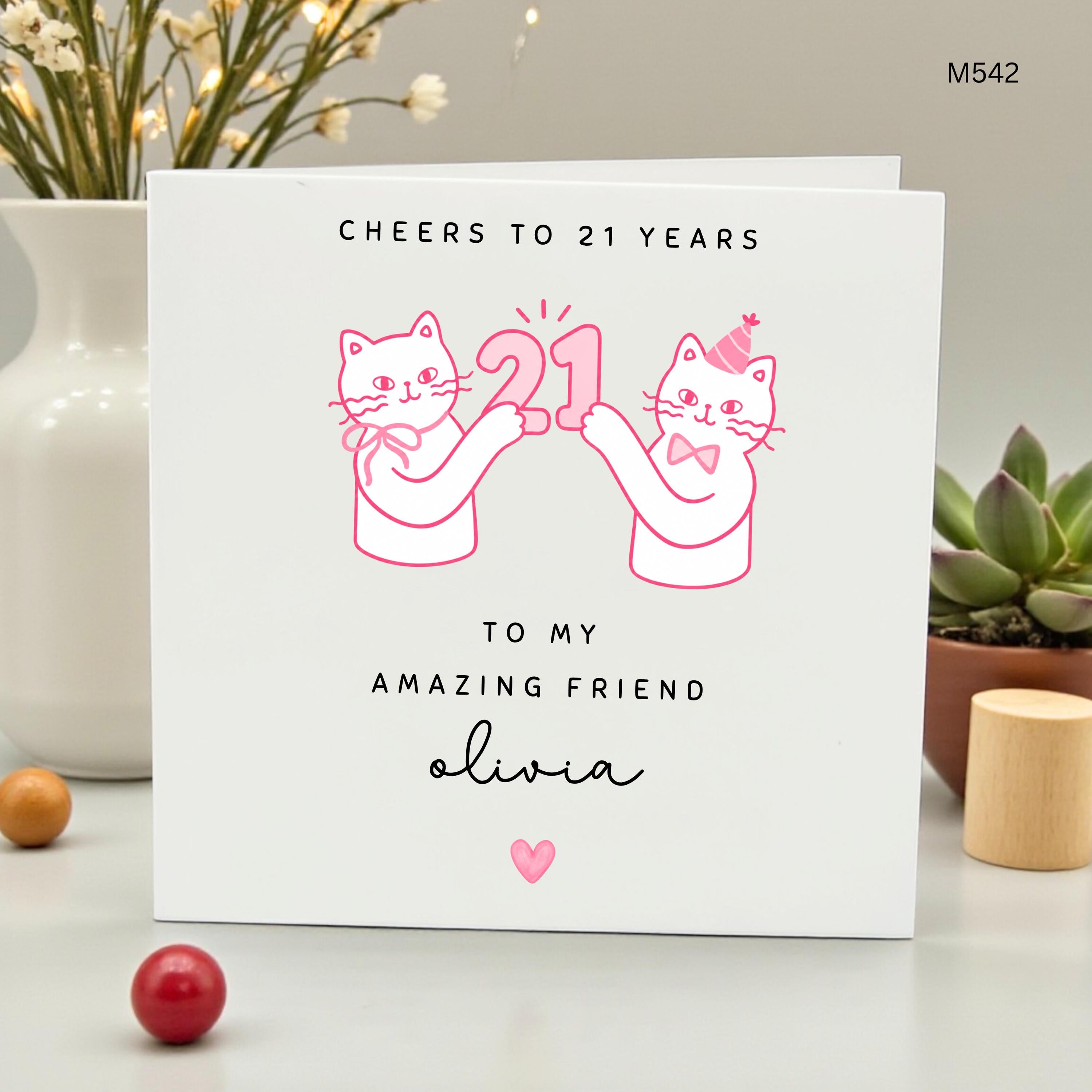 Personalized 21st Birthday Card for Friend, Cheers to 21 Years Cat Card for Her, Daughter Niece 21st Bday, Cute Pink Cats, Custom Name Card