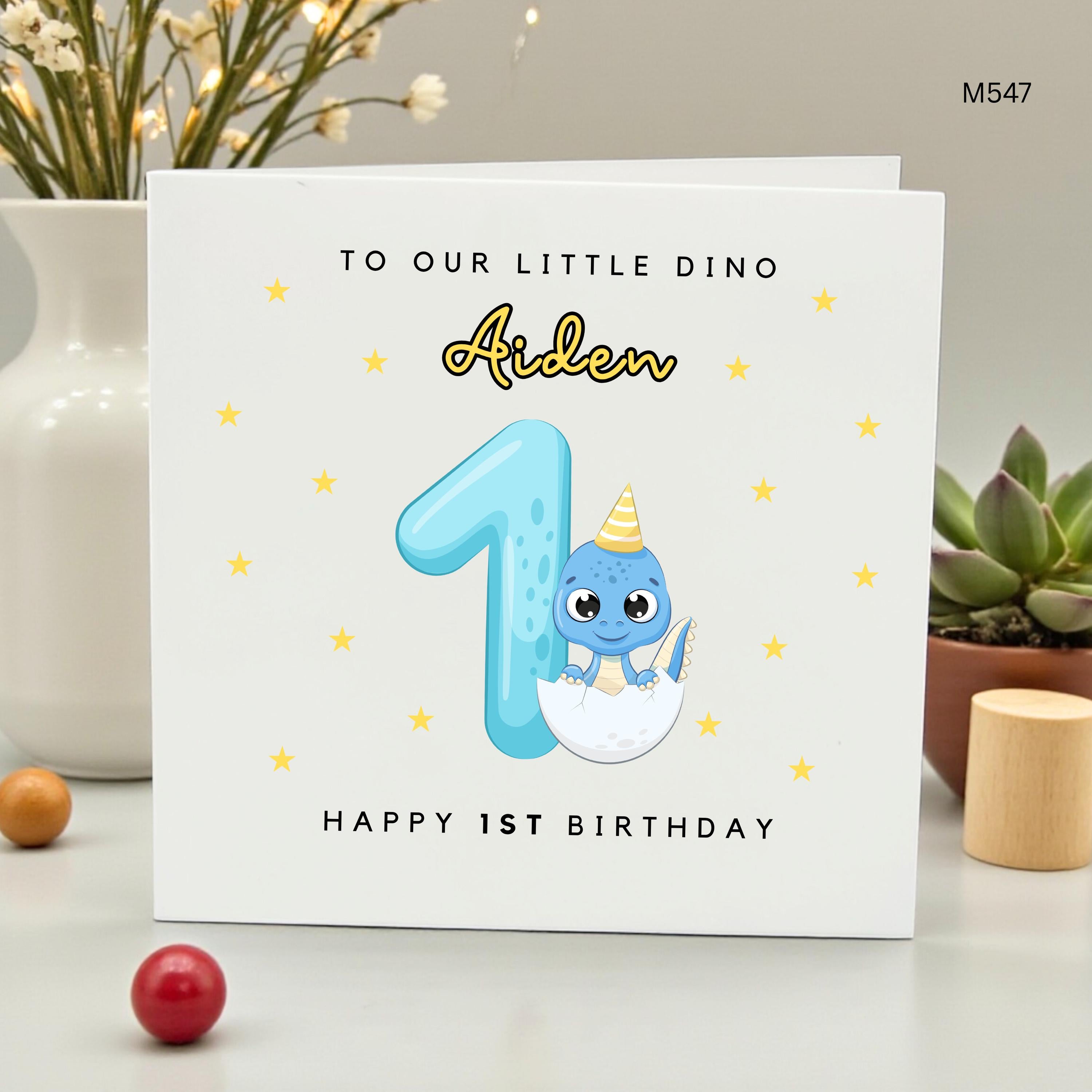 Personalized 1st Birthday Card for Son, Cute Dinosaur First Birthday Card for Grandson Little Dino 1st Bday, Custom Name Aiden Birthday Card