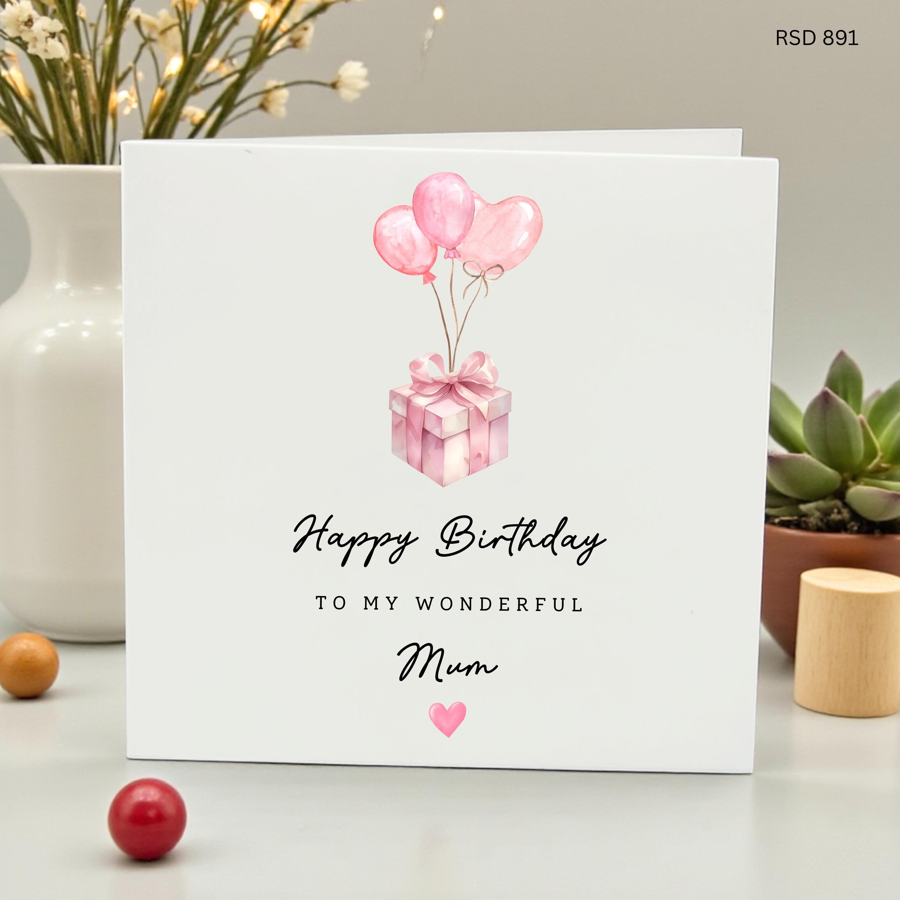 Wonderful Mum Birthday Card, Personalized Pink Watercolor Balloon Gift for Mother, Cute Heart Birthday Wishes, Special Card for Her or Mummy