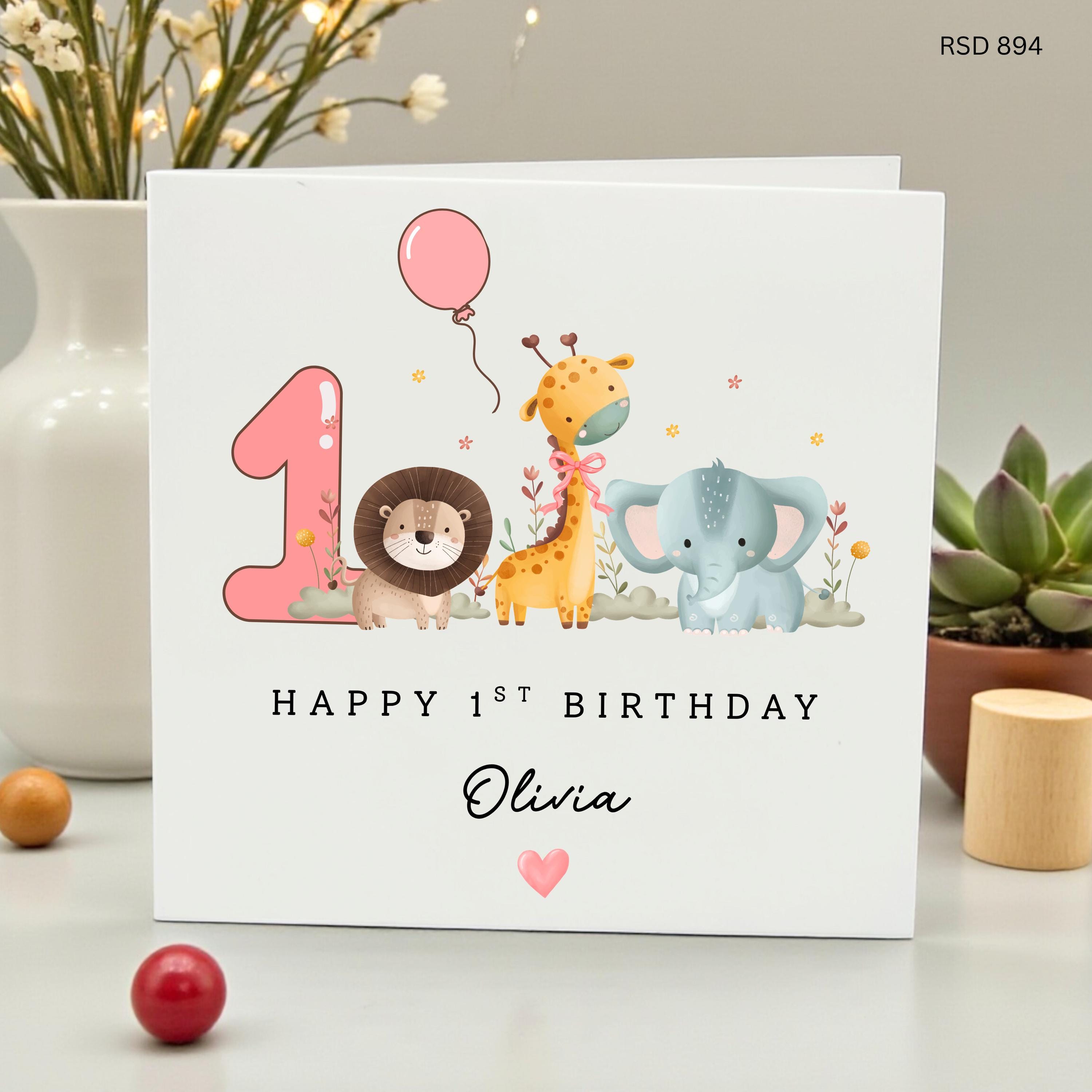 1st Birthday Card Girl, Personalized Safari Animal First Birthday Card for Daughter Granddaughter, Pink Jungle Theme 1st Birthday, Olivia