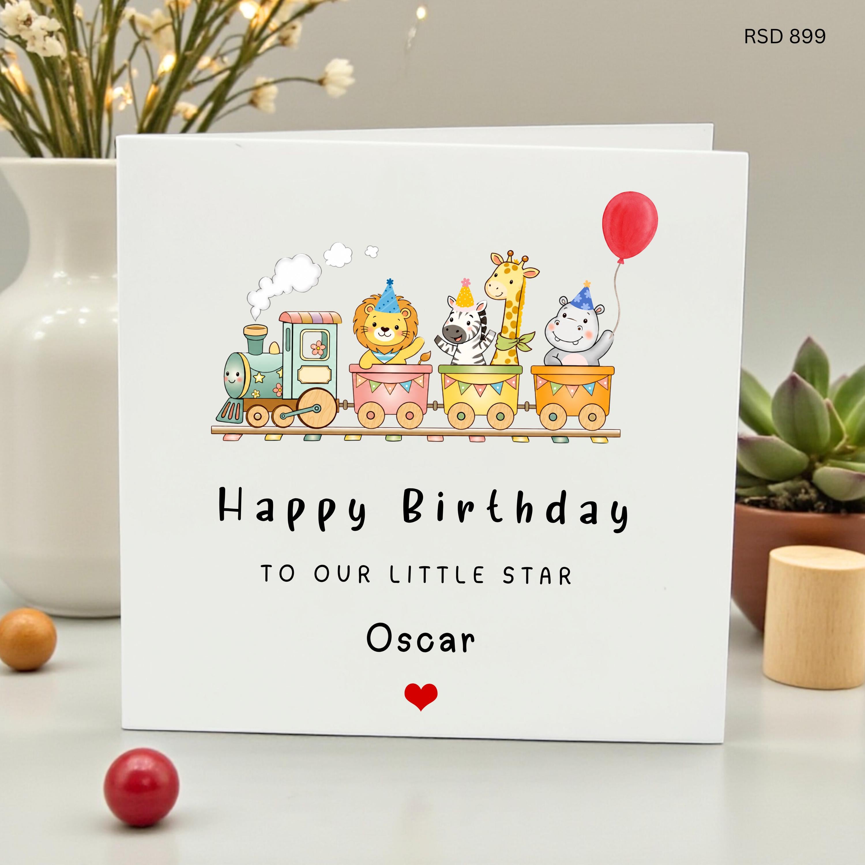 Personalized Boys Birthday Card with Animal Train, Custom Name Birthday Card for Son Grandson Nephew, Safari Train Little Star Birthday Card