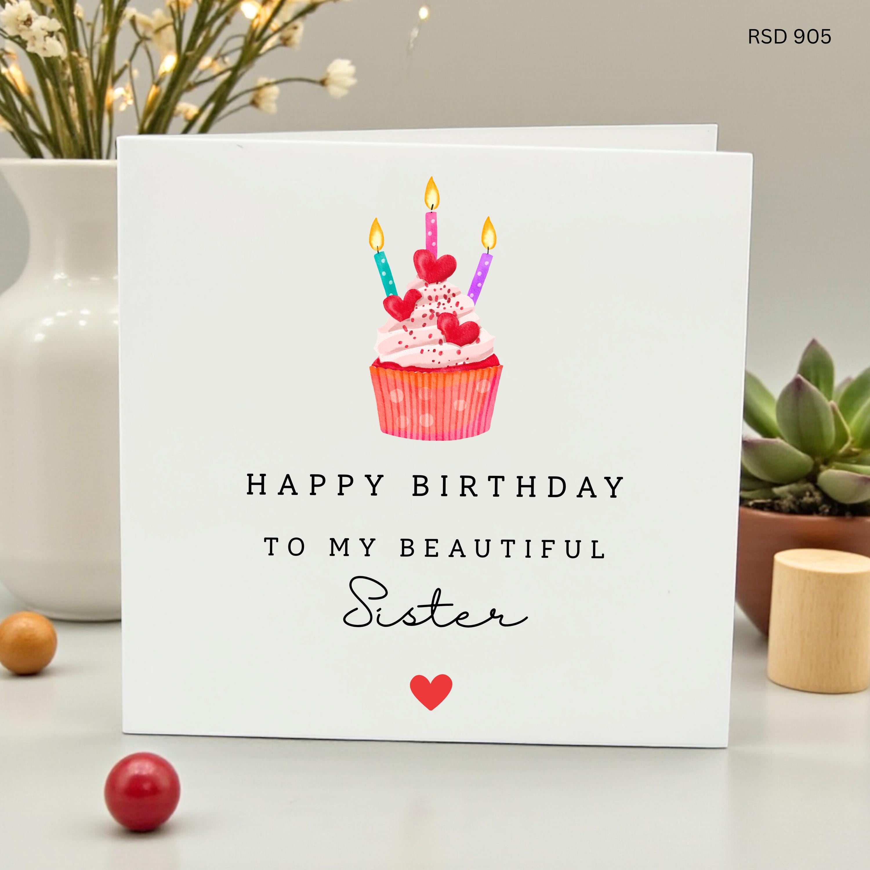 Sister Birthday Card, To My Beautiful Sister, Happy Birthday Sister Gift, Heart Cupcake Card, Special Sister, Cute Card for Her, Big Sister