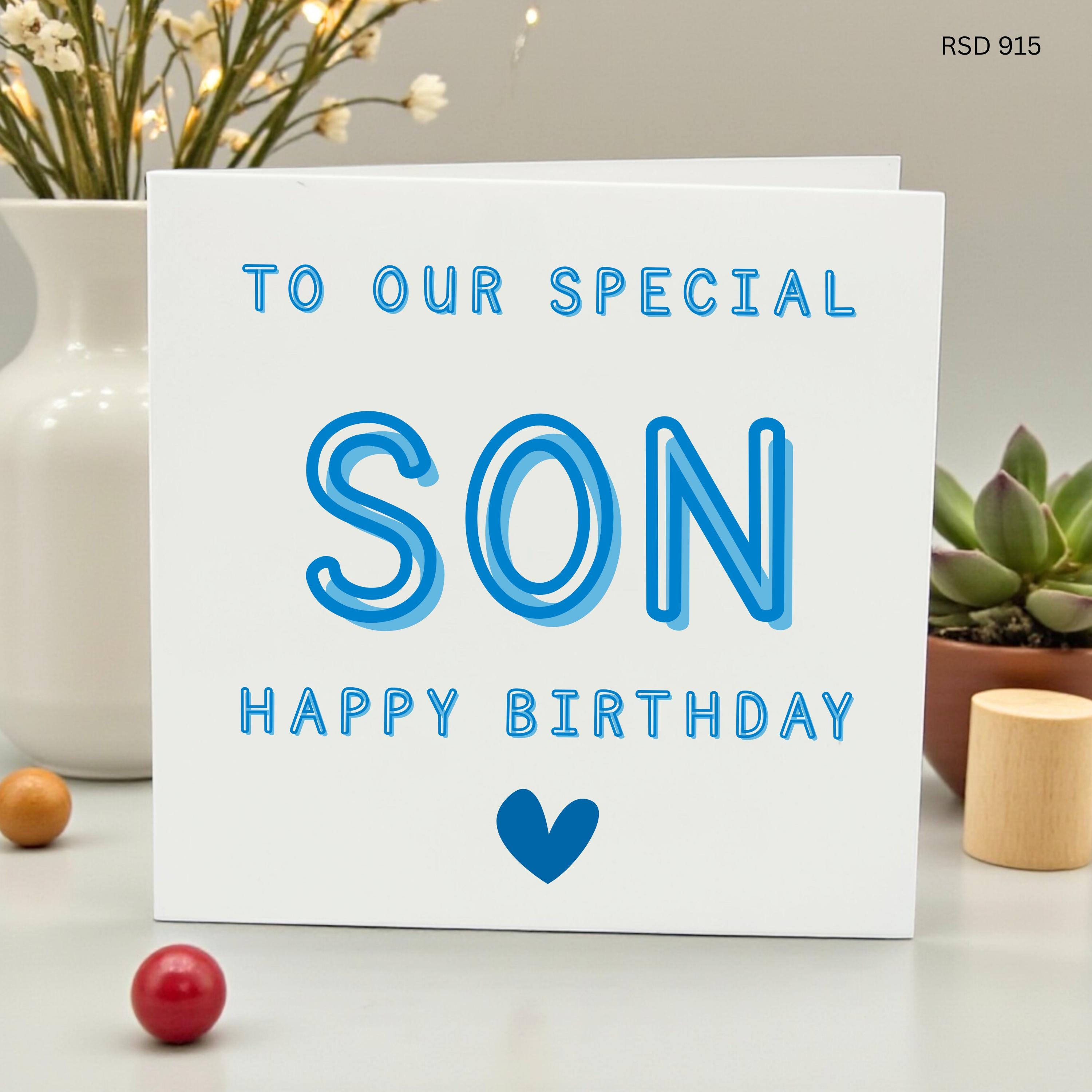 To Our Special Son Birthday Card, Minimalist Happy Birthday Son Greeting Card with Blue Heart, Simple Modern Card for Him from Parents,