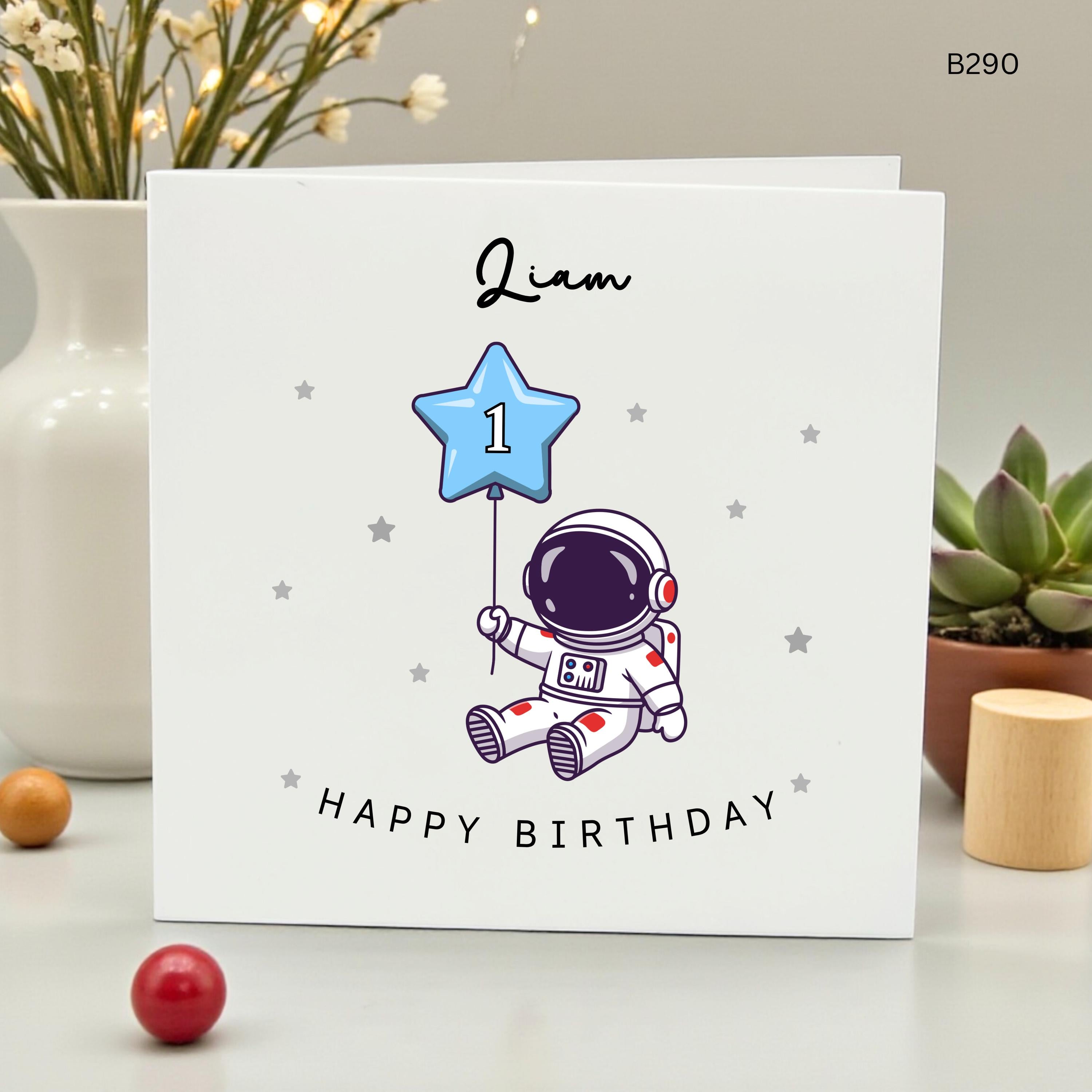 Personalized 1st Birthday Card for Liam, Astronaut Space Theme First Birthday, Cute Boy Birthday Card, Outer Space Galaxy Cards for Son,