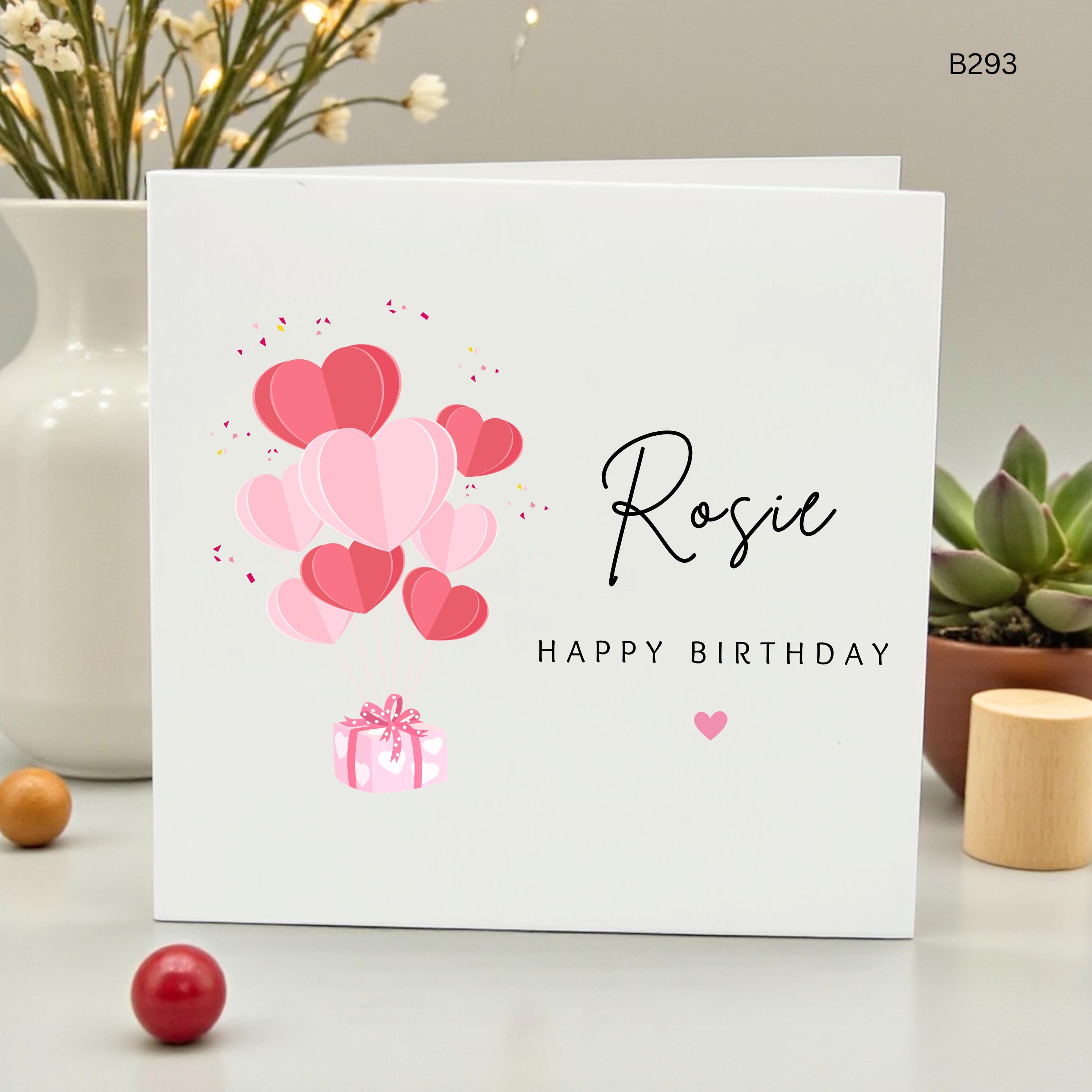 Personalized Birthday Card for Rosie, Pink Heart Balloons and Gift Box, Cute Birthday Card for Daughter, Granddaughter, Niece, Her,